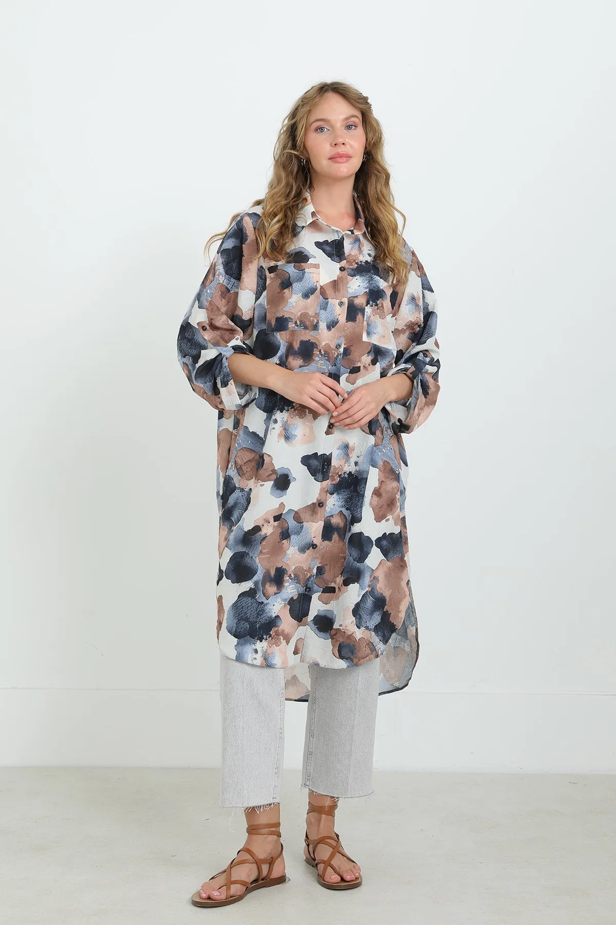Kadın Desenli Oversize Gömlek -10702TUN - NAVY – Lacivert, LXL-SM