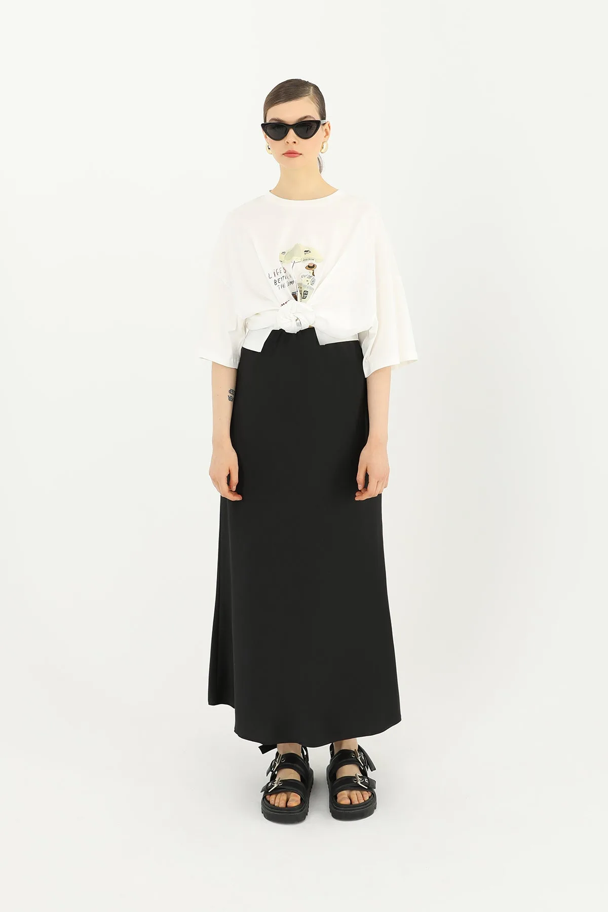 Kadın Saten Uzun Etek - 24S-31614ETK - BLACK – Siyah, S-L