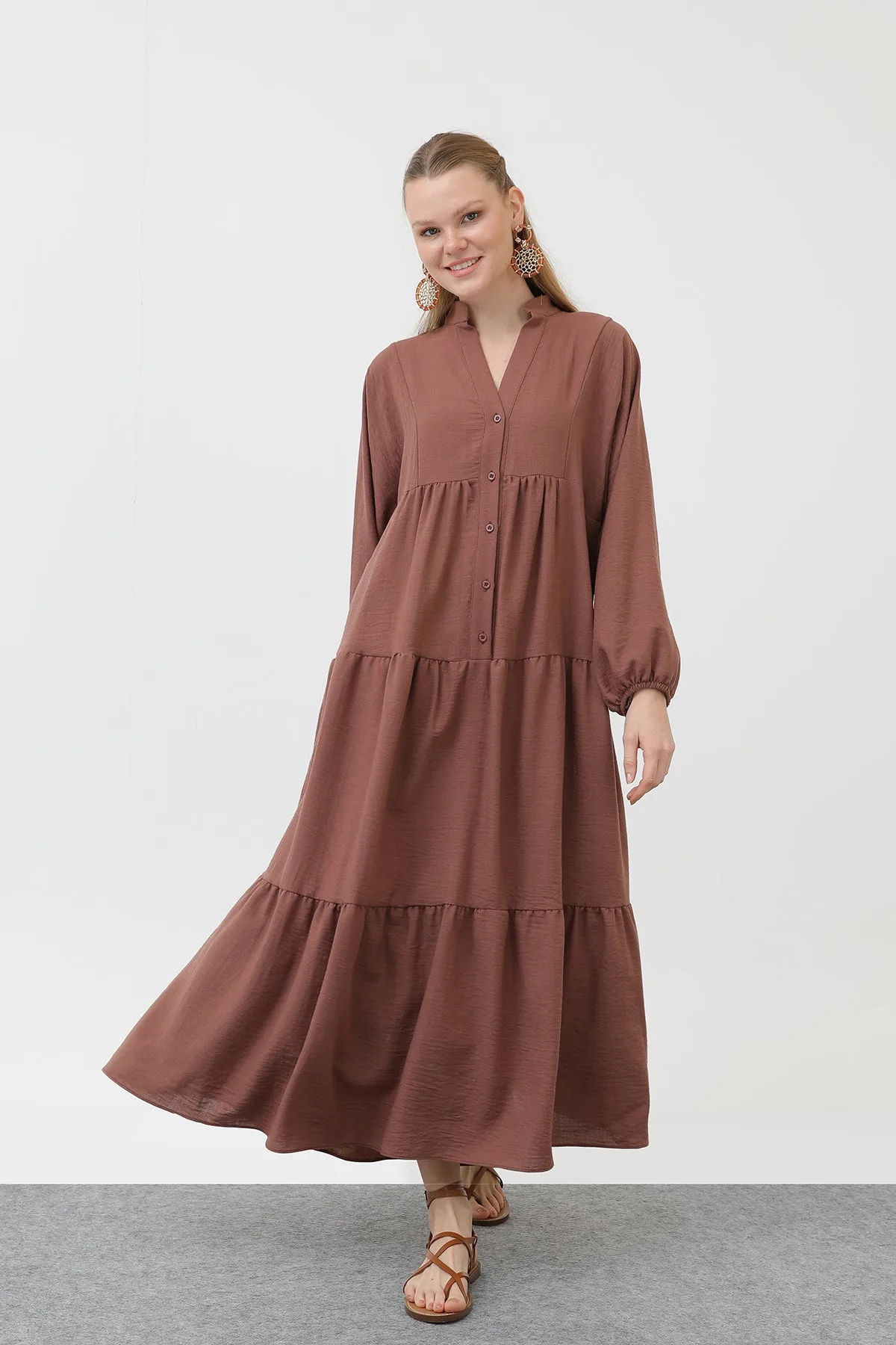 Kadın Keten Elbise - 32171ELB - LIGHT BROWN – Açık Kahve, LXL-SM