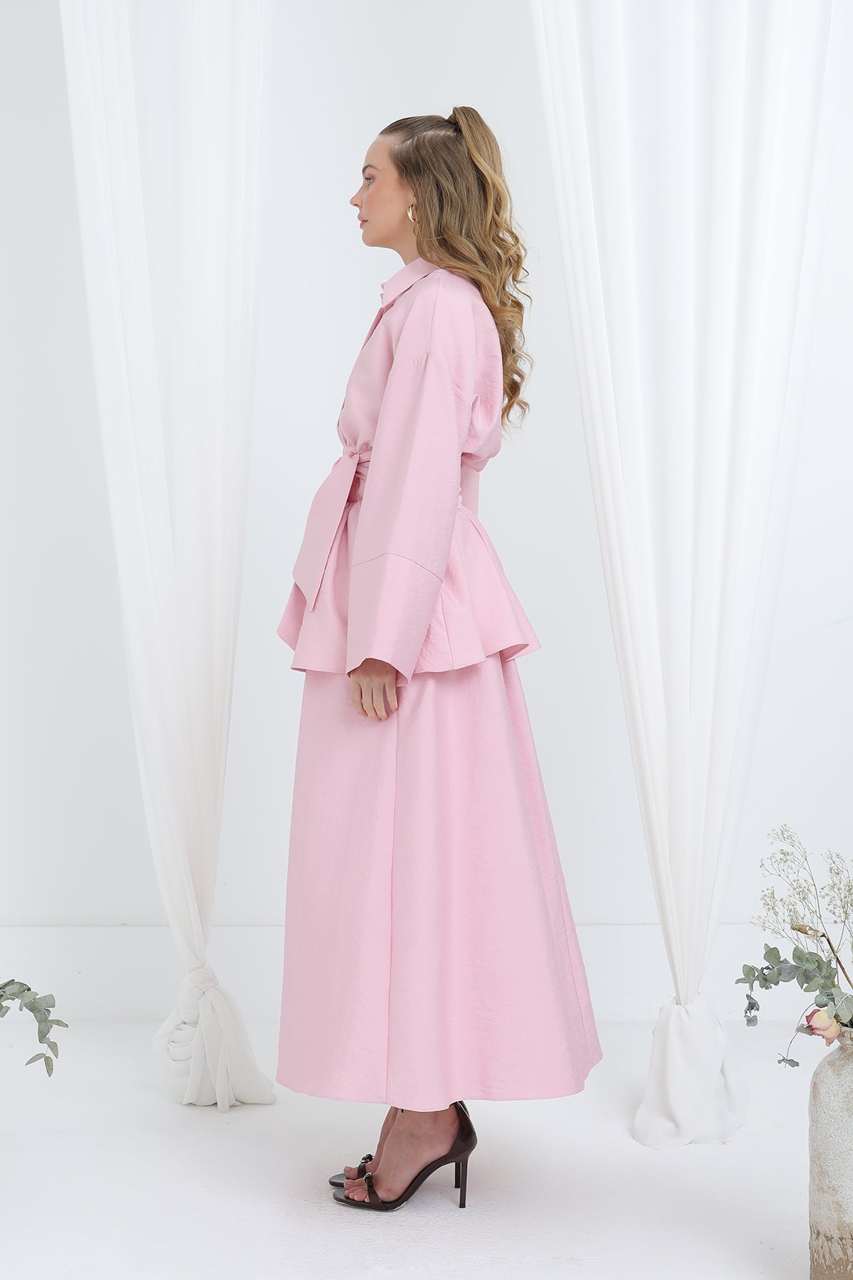 Kadın Luna Kuşaklı Minimal Etekli Takım -20682TKS - PINK