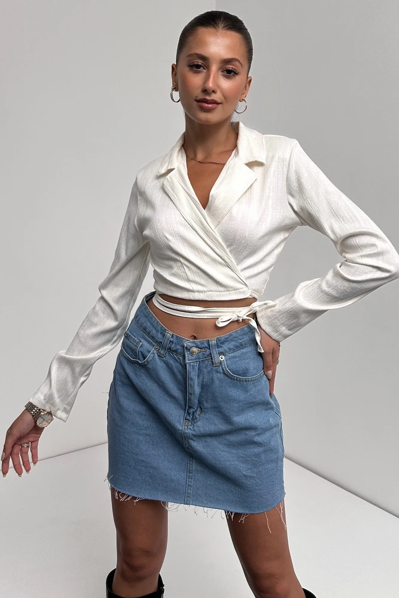 Gömlek Yaka Beli Bağlamalı Crop Bluz - BEYAZ – Beyaz, S