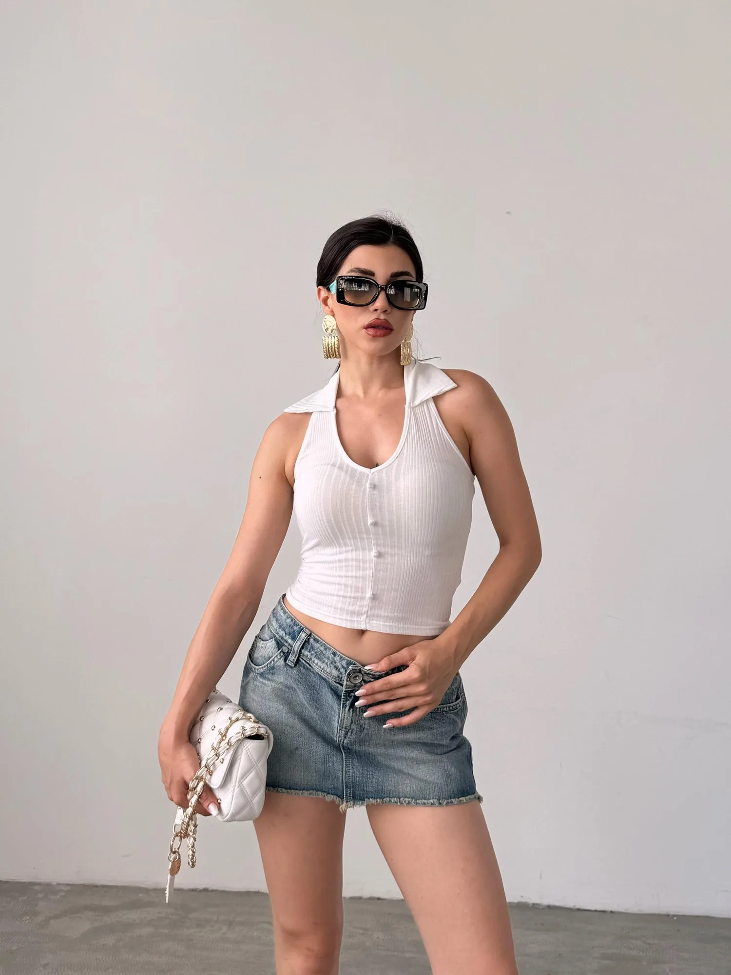 Gömlek Yaka Önü Düğme Detaylı Bluz - BEYAZ – Beyaz, S