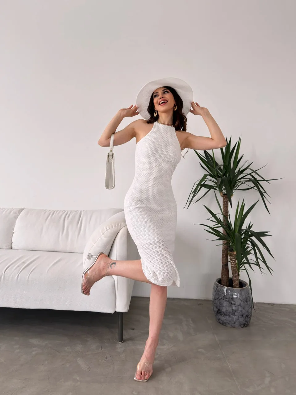 Halter Yaka Sırtı Çapraz Bant Detaylı Triko Elbise - KREM – Krem, S