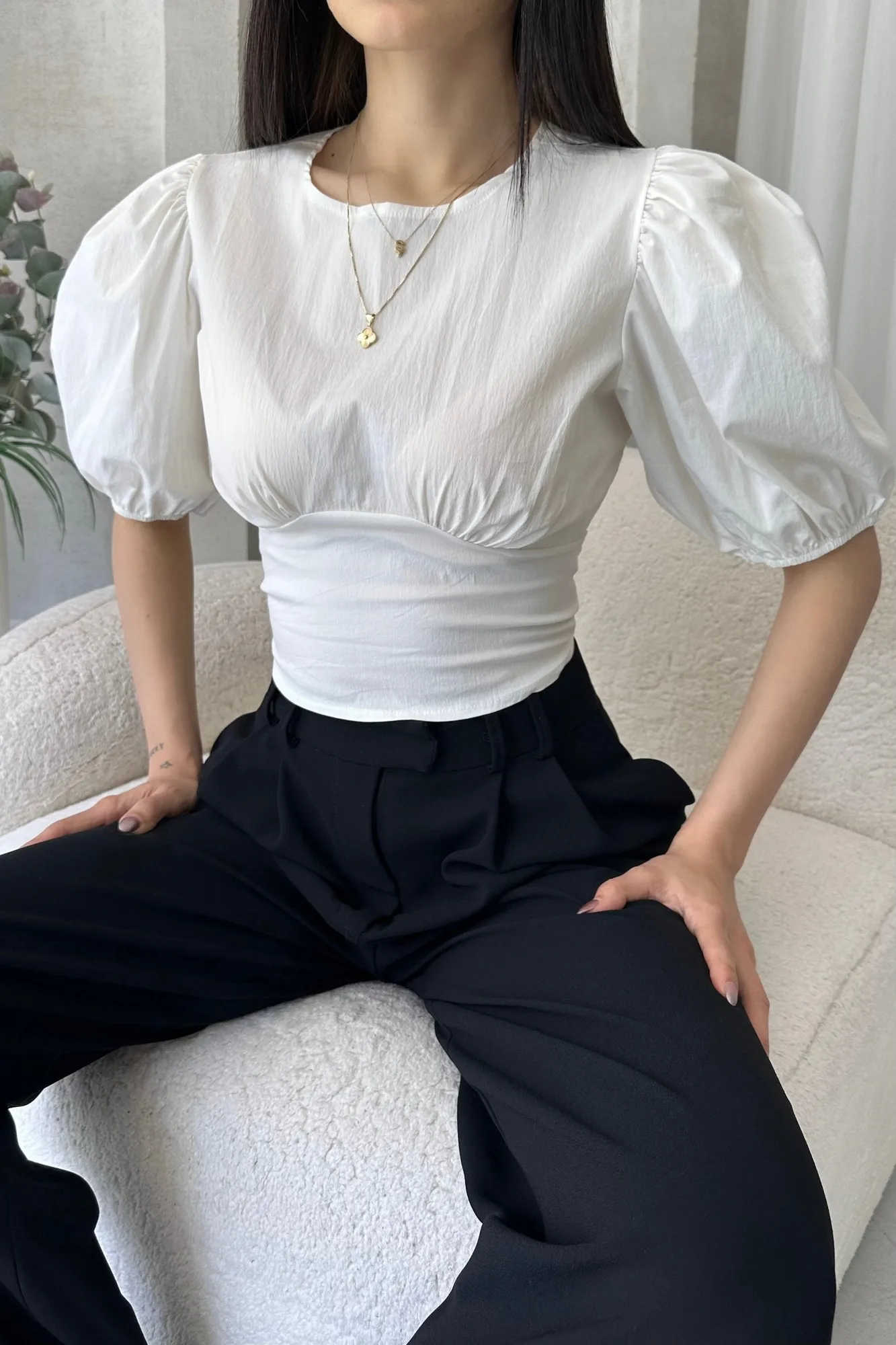 Karpuz Kol Sırt Dekolteli Poplin Bluz - BEYAZ – Beyaz, S