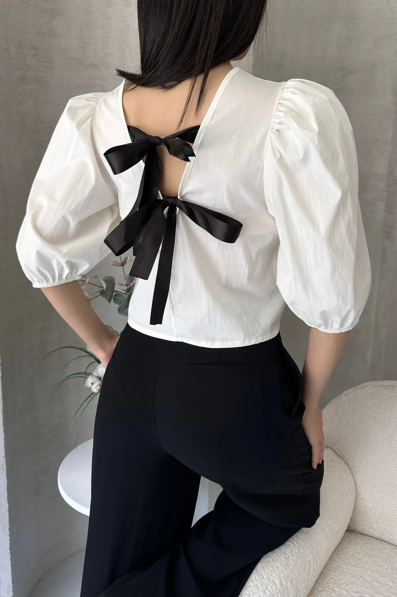 Karpuz Kol Sırtı Fiyonk Detaylı Poplin Bluz - BEYAZ – Beyaz, S