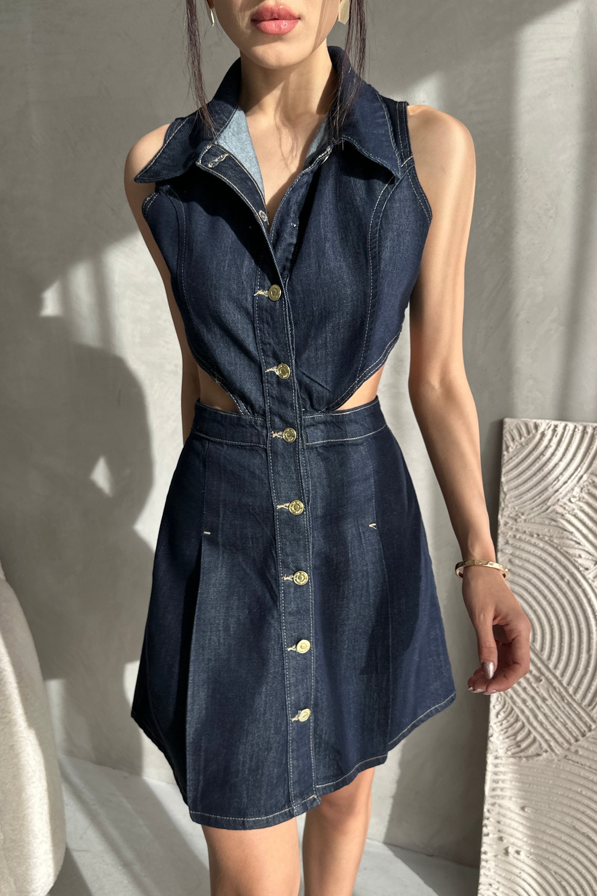 Kolsuz Bel Dekolteli Jean Elbise - LACİVERT – Lacivert, S