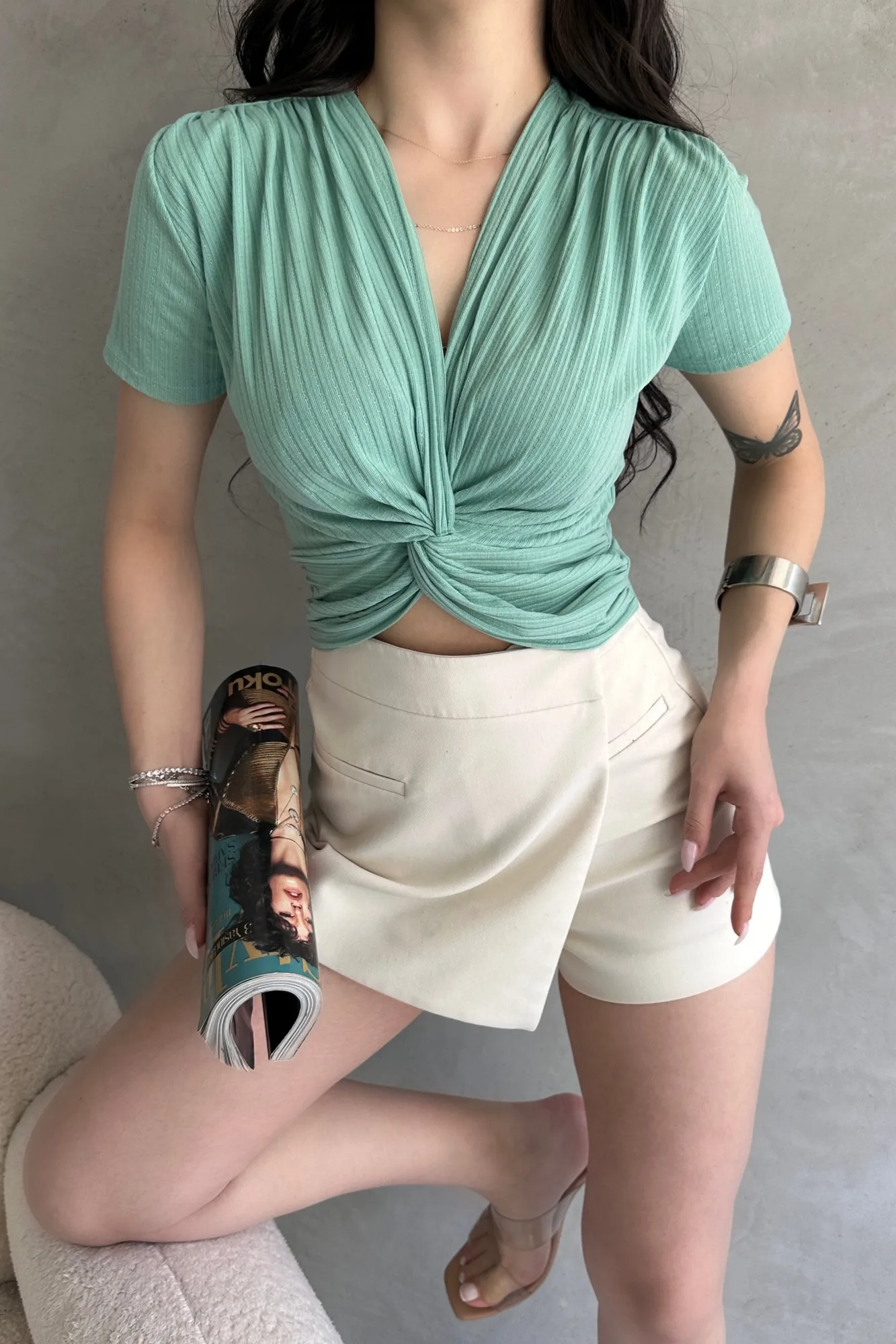 Kruvaze Yaka Crop Bluz - MİNT – Nane, S