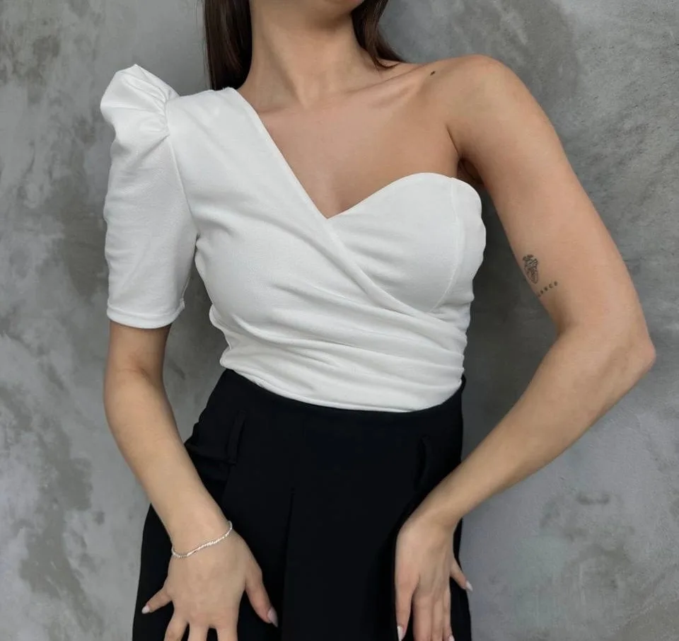 Prenses Kol Tek Omuz Crep Bluz - BEYAZ – Beyaz, S