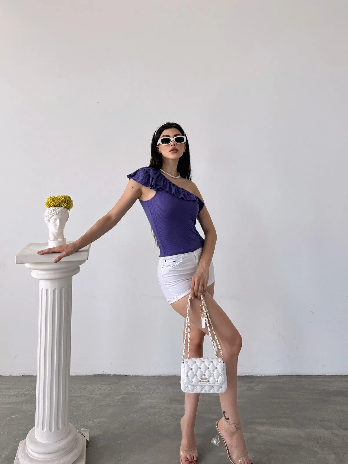 Tek Omuz Fırıfır Detaylı Bluz - MOR – Mor, S