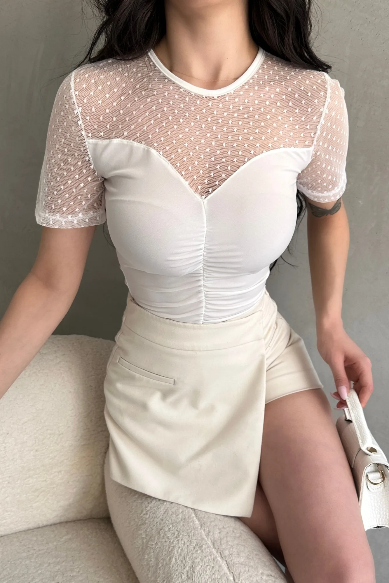 Tül Detaylı Önü Büzgülü Crep Bluz - BEYAZ – Beyaz, S
