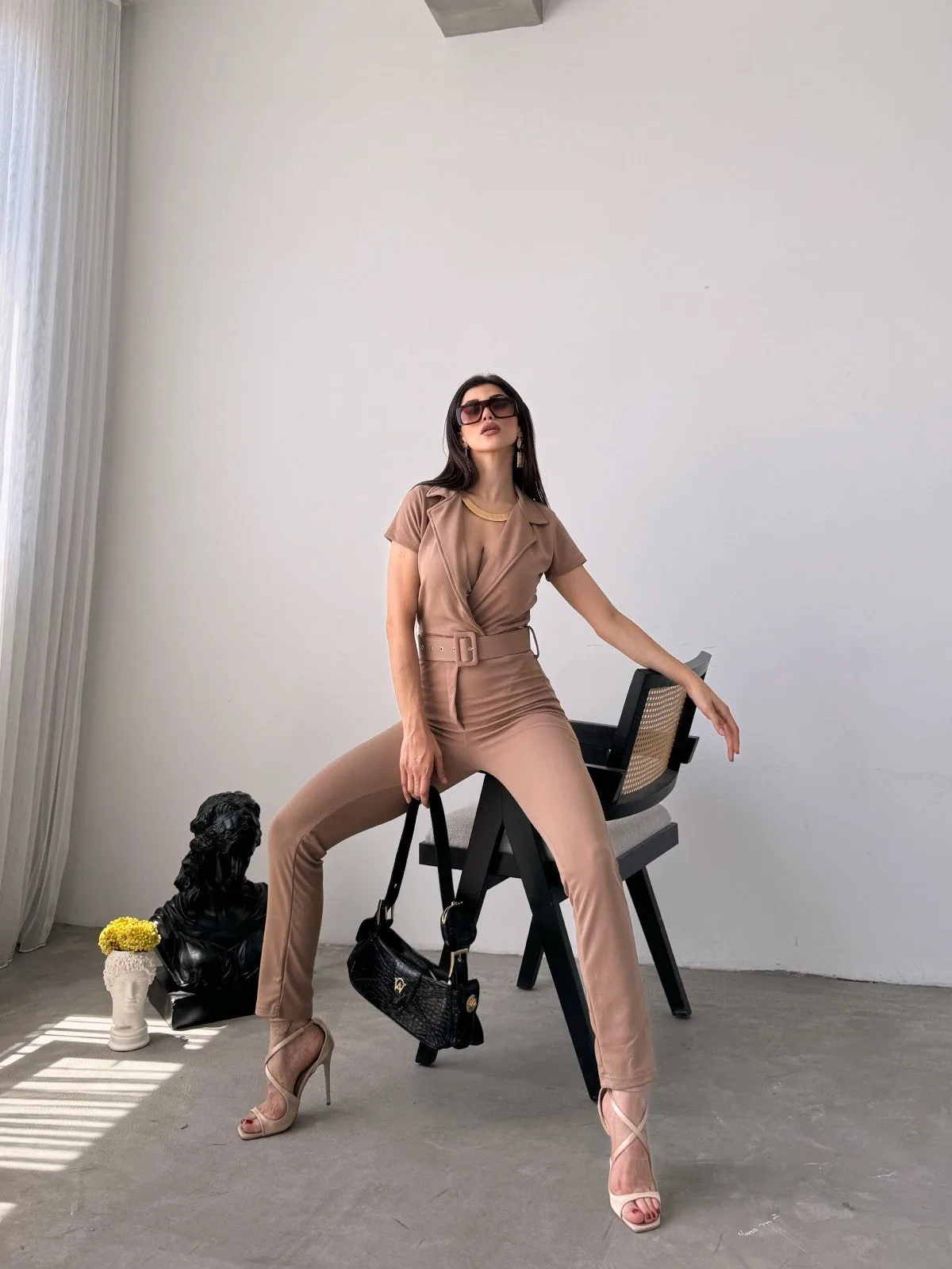 Yakalı Beli Kemerli Tulum - BEJ – Bej, S