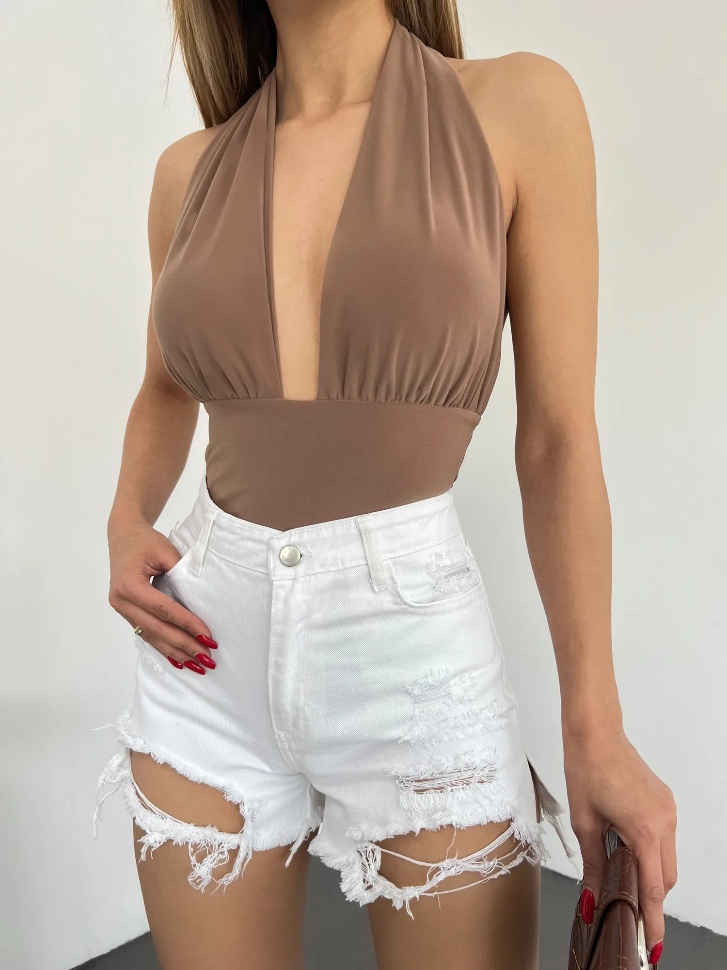 Yıkamalı Lazer Yırtıklı Mini Denim Şort - BEYAZ – Beyaz, 34