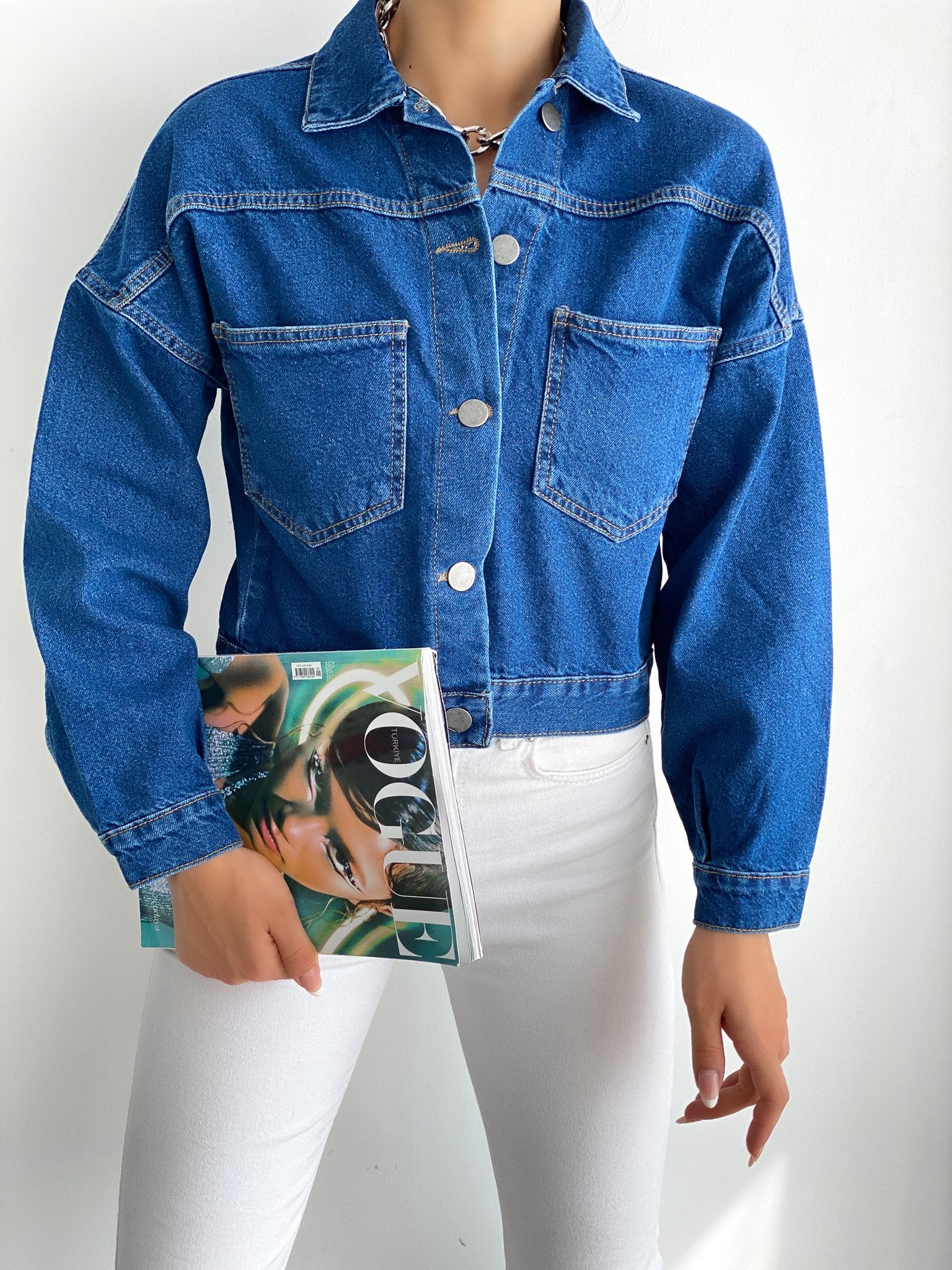 Çift Cepli Denim Crop Ceket - MAVİ
