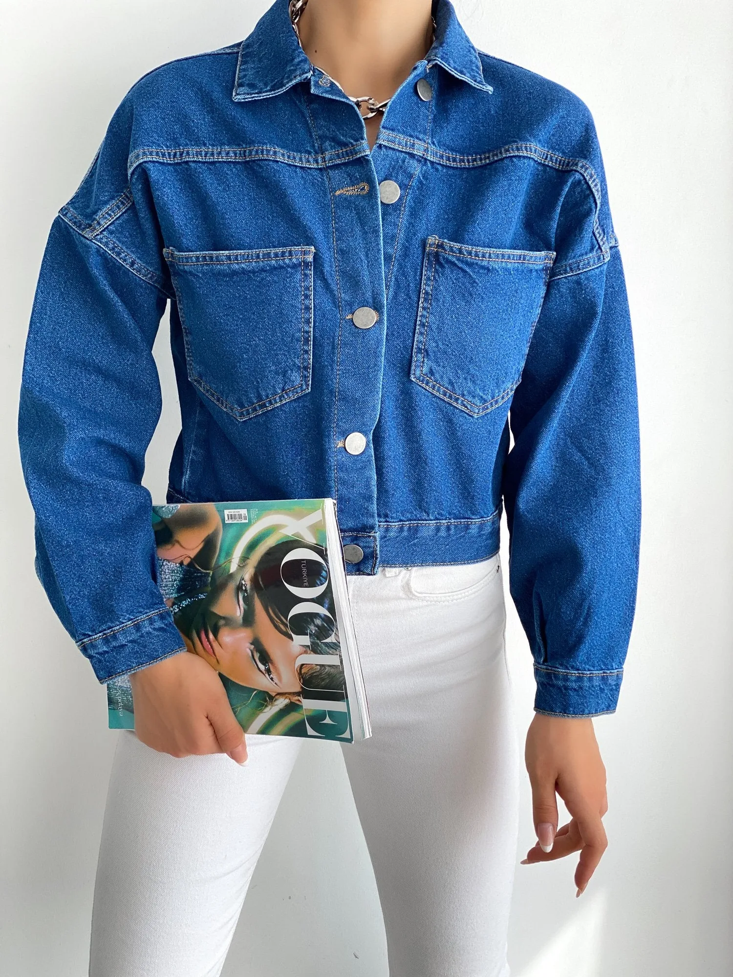 Çift Cepli Denim Crop Ceket - MAVİ – Mavi, S