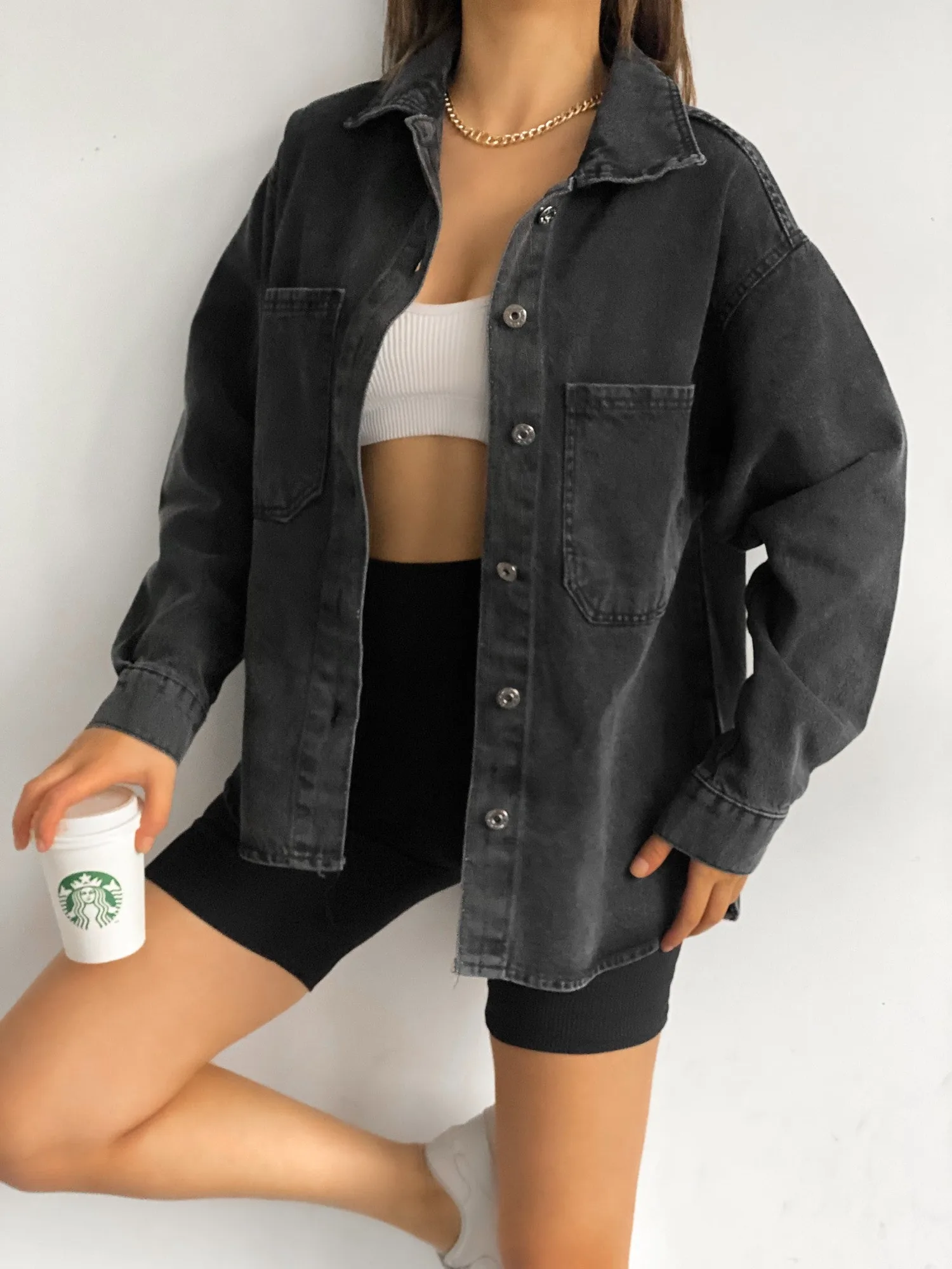 Çift Cepli Oversize Denim Gömlek Ceket - ANTRASİT – Antrasit, Tek Ebat