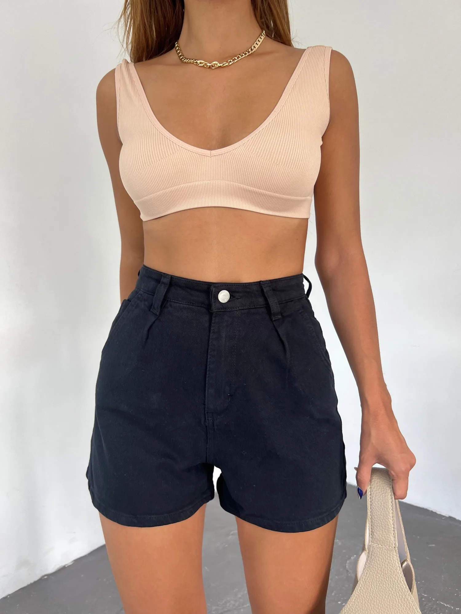 Çift Cepli Pileli Mini Denim Şort - SİYAH – Siyah, 34
