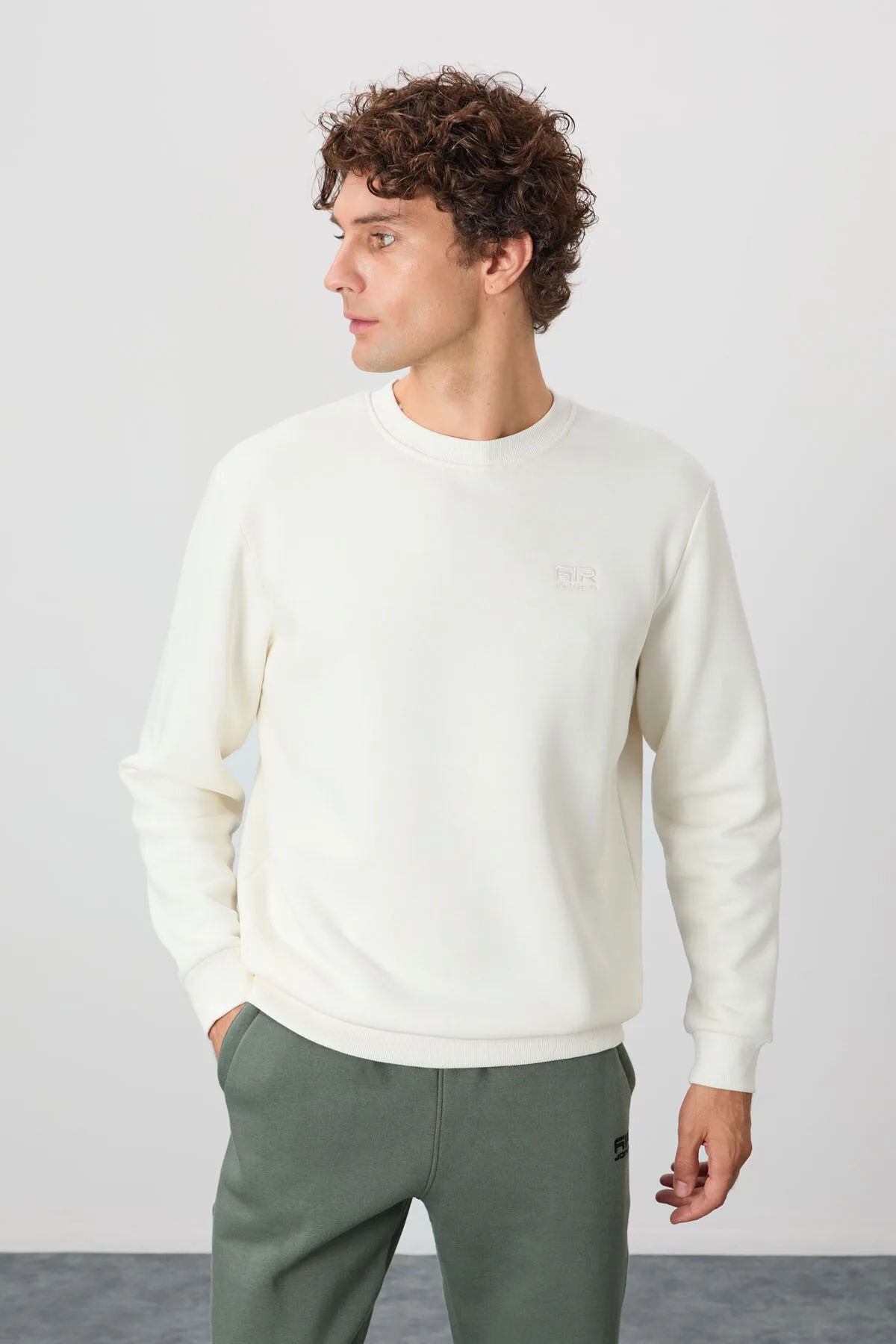 Omar Ekru Şardonlu Erkek Sweatshirt - 88137 - Ekru – Ekru, S
