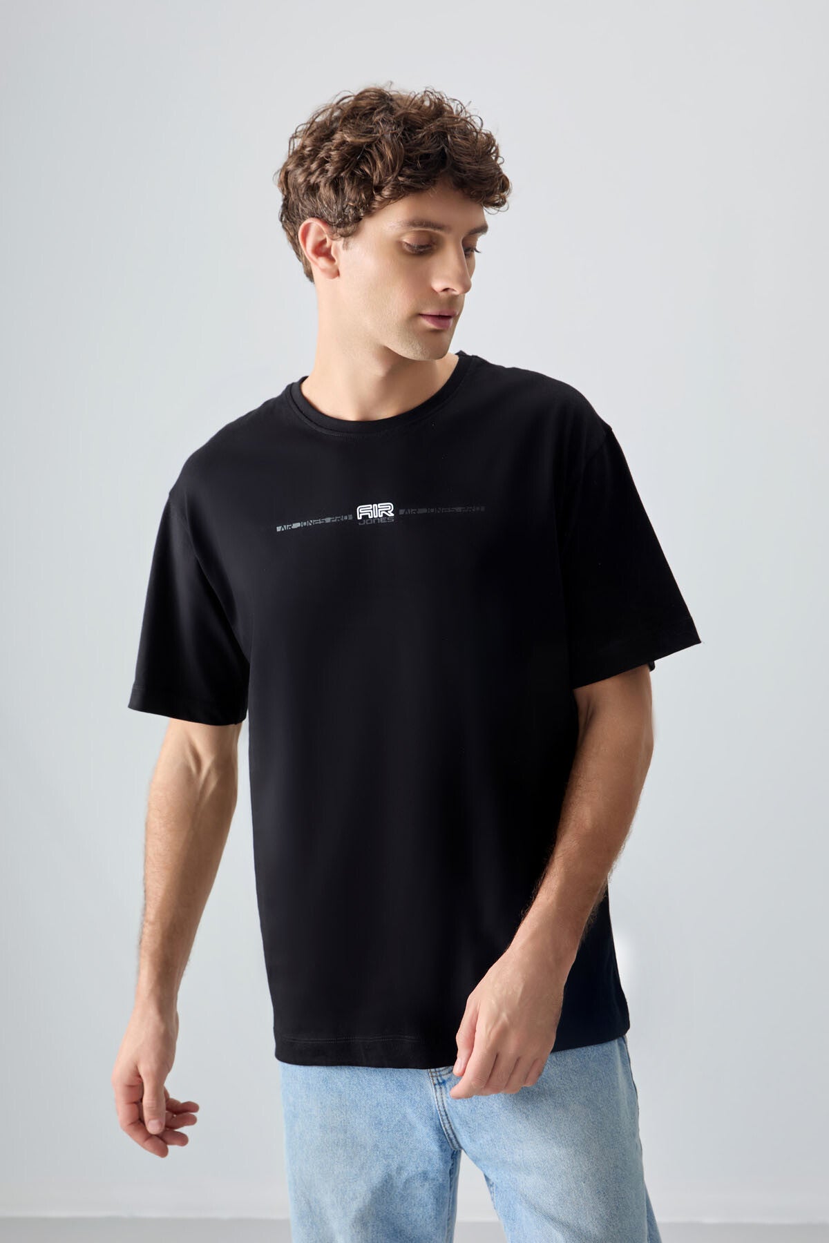 Siyah %100 Pamuk Kalın Yumuşak Dokulu Oversize Fit Baskılı Erkek T-Shirt - 88357 - Siyah