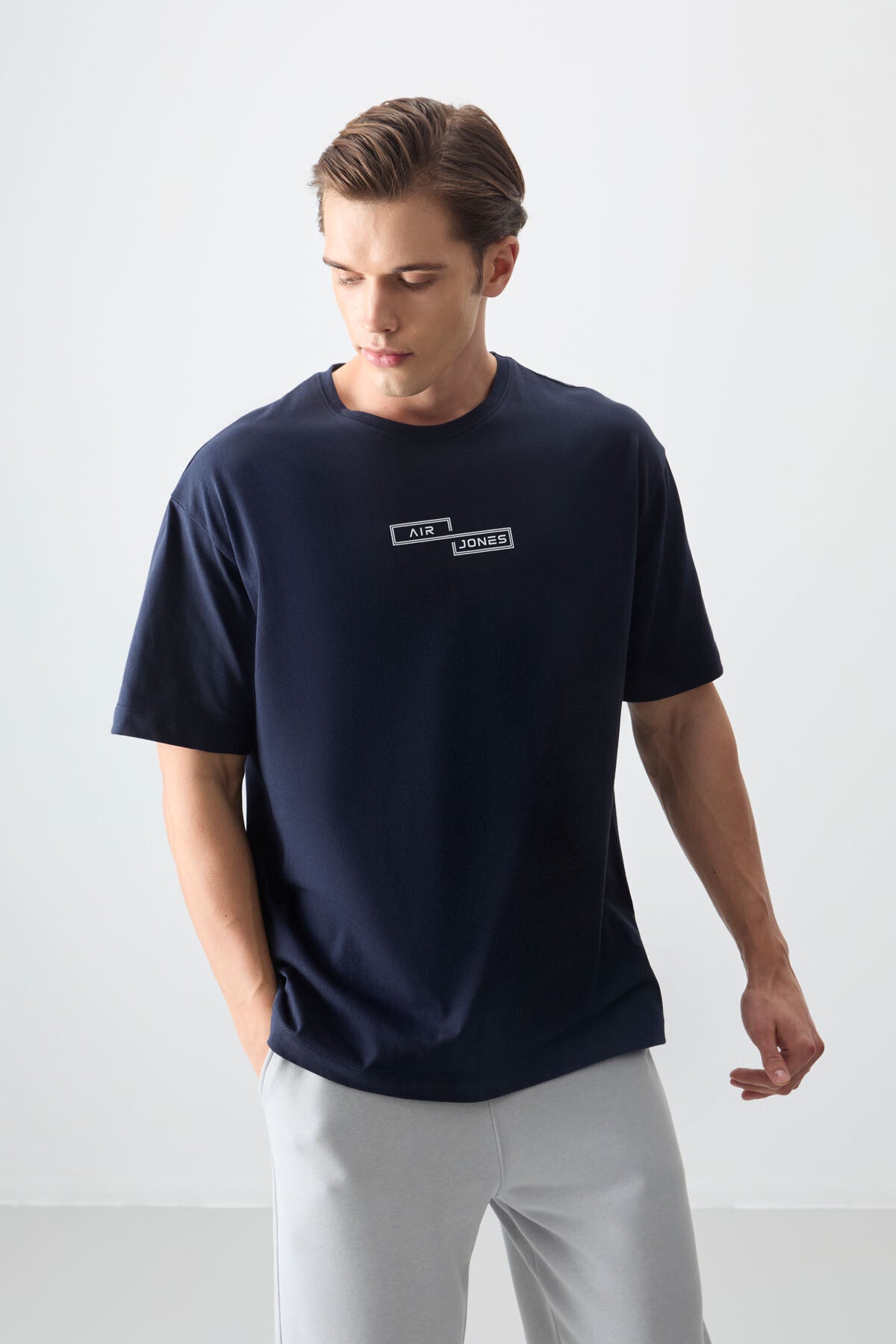 Lacivert %100 Pamuk Kalın Yumuşak Dokulu Oversize Fit Baskılı Erkek T-Shirt - 88361 - Lacivert
