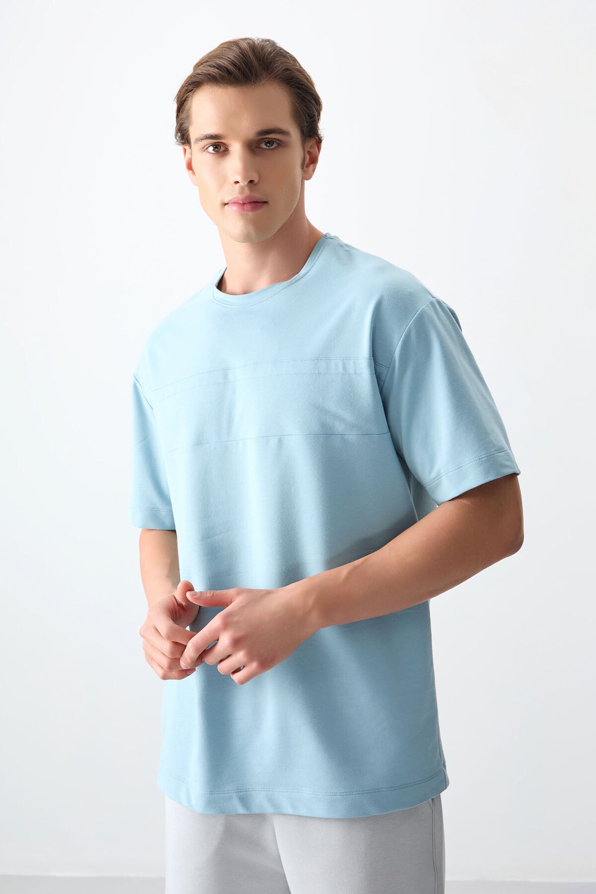 Açık Mavi Pamuklu Kalın Yumuşak Dokulu Oversize Fit Basic Erkek T-Shirt - 88378 - Açık mavi