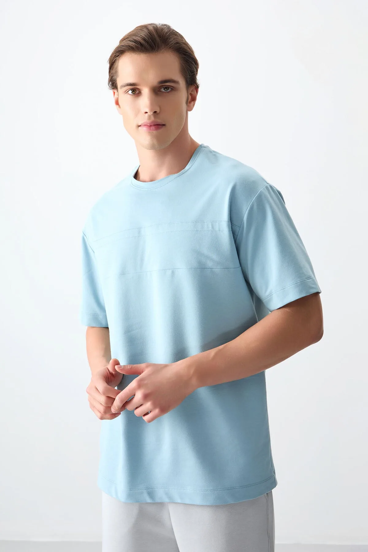 Açık Mavi Pamuklu Kalın Yumuşak Dokulu Oversize Fit Basic Erkek T-Shirt - 88378 - Açık mavi – Açık mavi, S