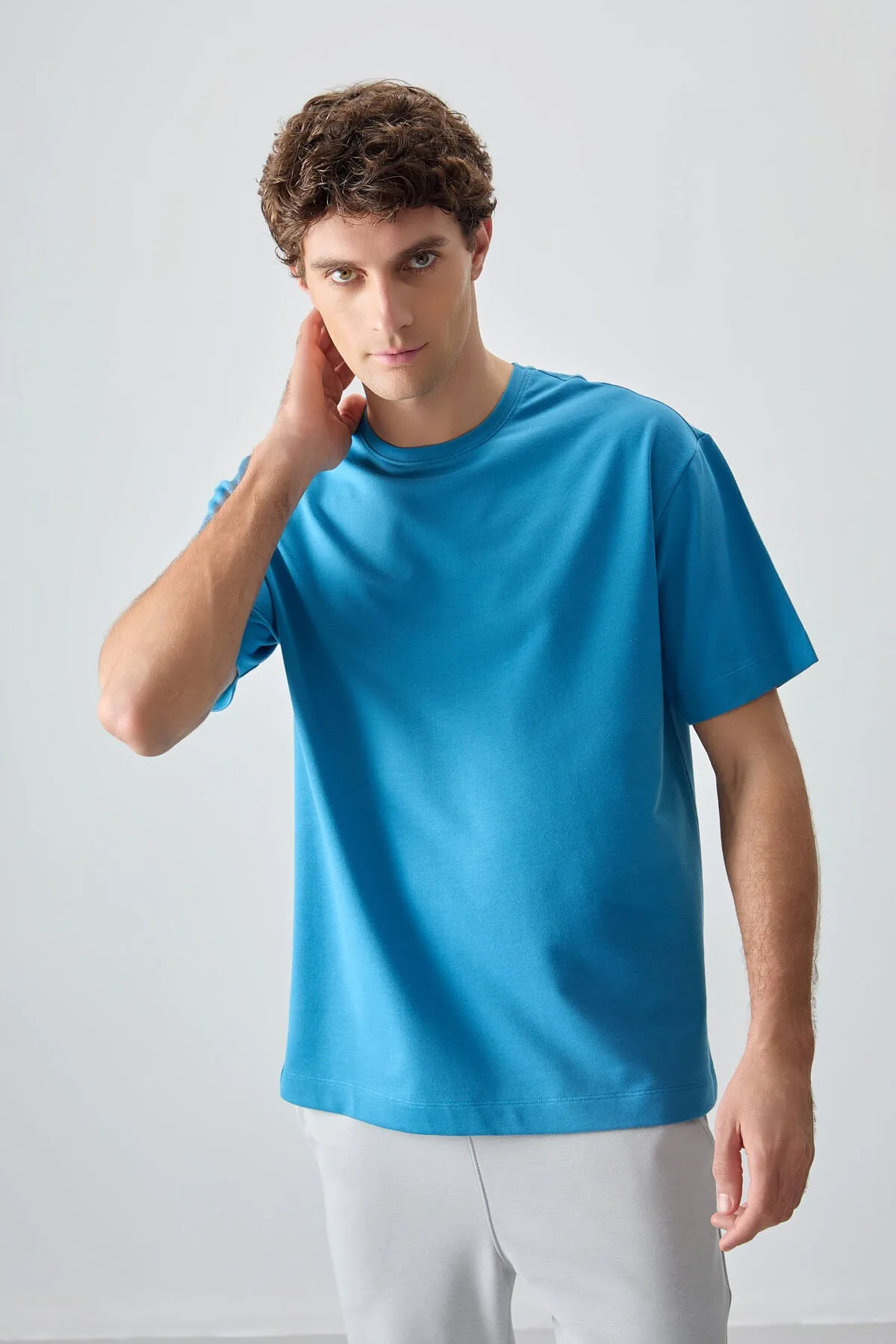 Petrol Mavi Pamuklu Kalın Yumuşak Dokulu Oversize Fit Basic Erkek T-Shirt - 88377 - Petrol mavi – Petrol Mavi, S