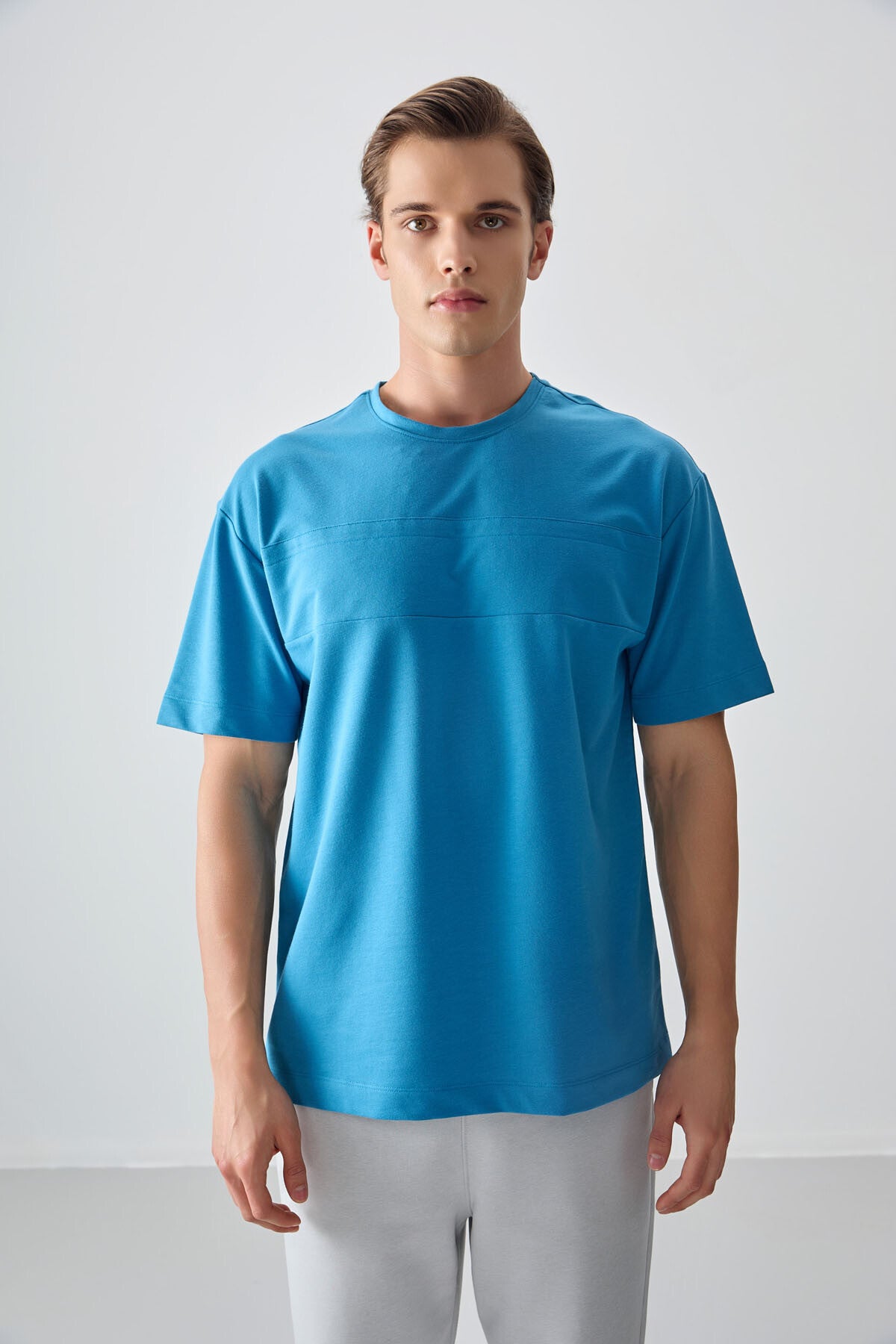 Petrol Mavi Pamuklu Kalın Yumuşak Dokulu Oversize Fit Basic Erkek T-Shirt - 88378 - Petrol mavi