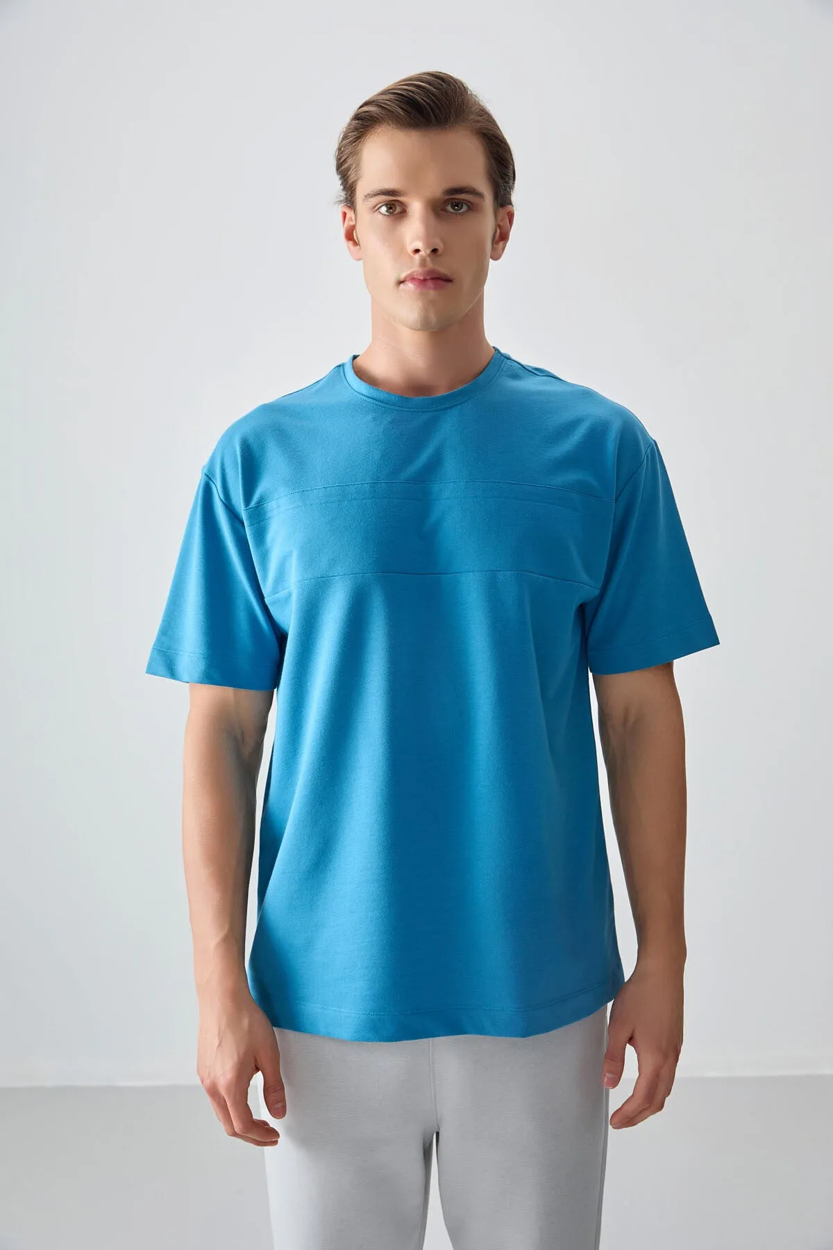 Petrol Mavi Pamuklu Kalın Yumuşak Dokulu Oversize Fit Basic Erkek T-Shirt - 88378 - Petrol mavi – Petrol Mavi, S