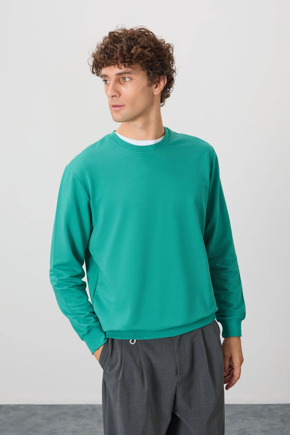 Deniz Yeşili Pamuk Yumuşak Dokulu Standart Fit Basic Erkek Sweatshirt - 88363 - Deniz yeşili – Deniz Yeşili, S