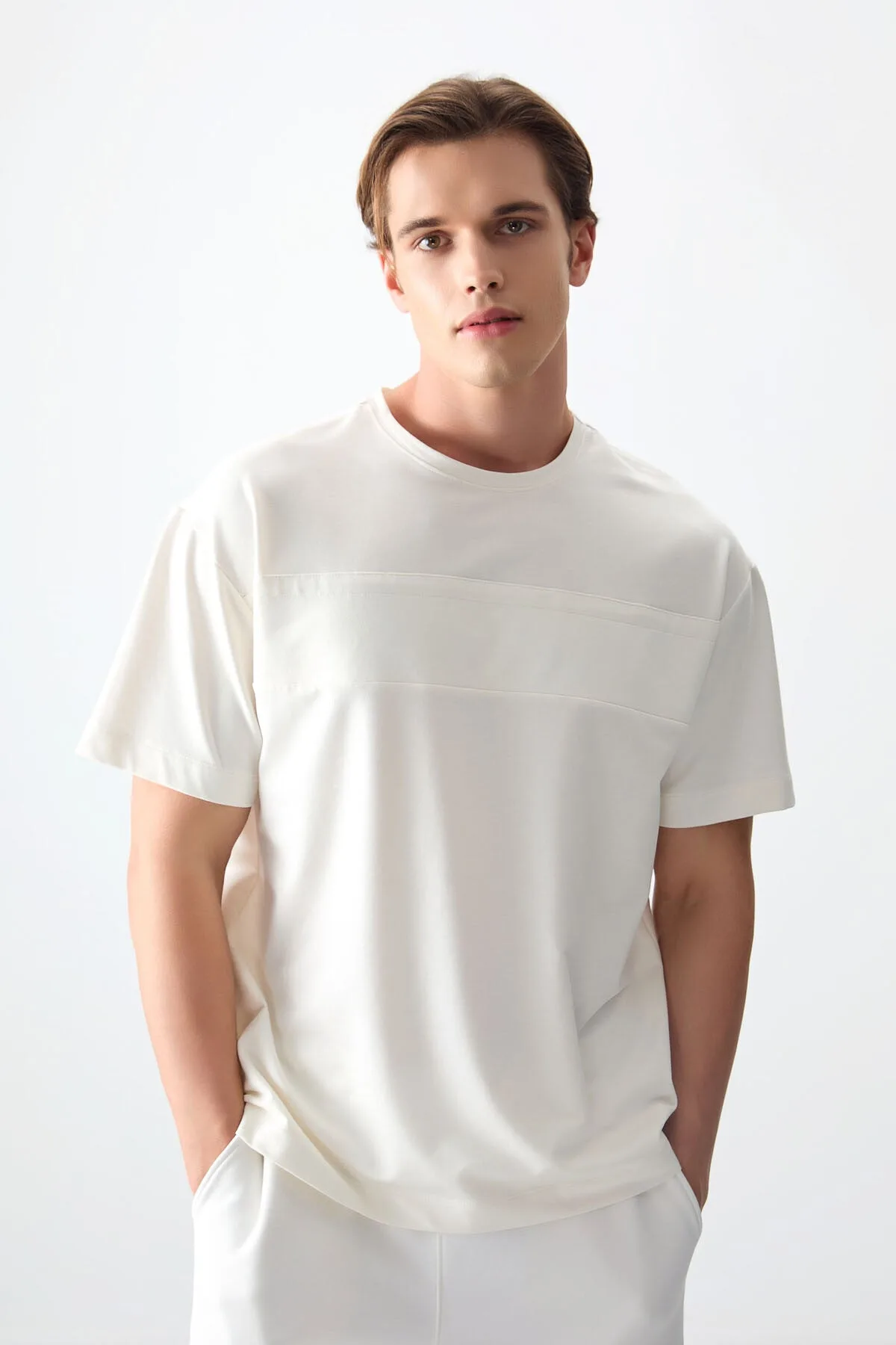 Ekru Pamuklu Kalın Yumuşak Dokulu Oversize Fit Basic Erkek T-Shirt - 88378 - Ekru – Ekru, S