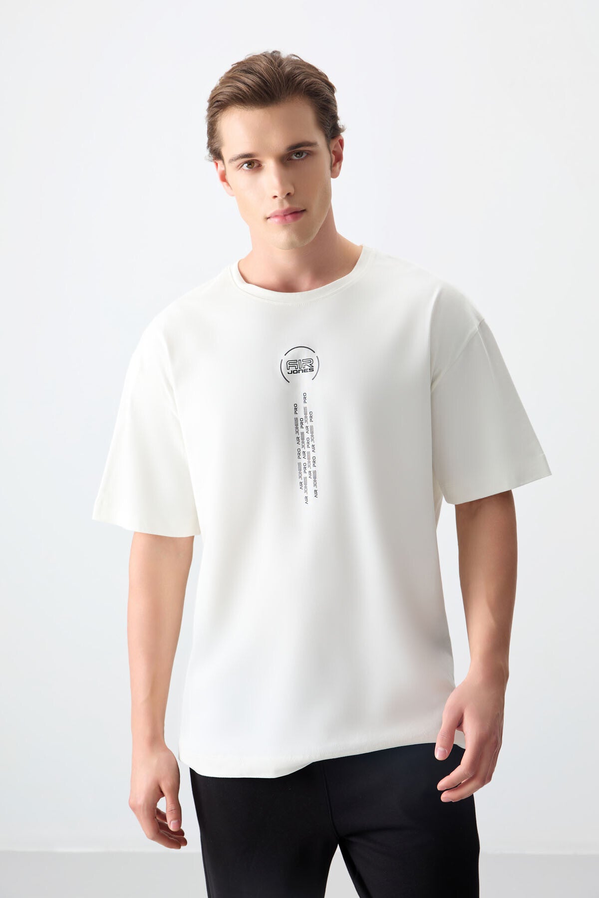 Ekru %100 Pamuk Kalın Yumuşak Dokulu Oversize Fit Baskılı Erkek T-Shirt - 88355 - Ekru