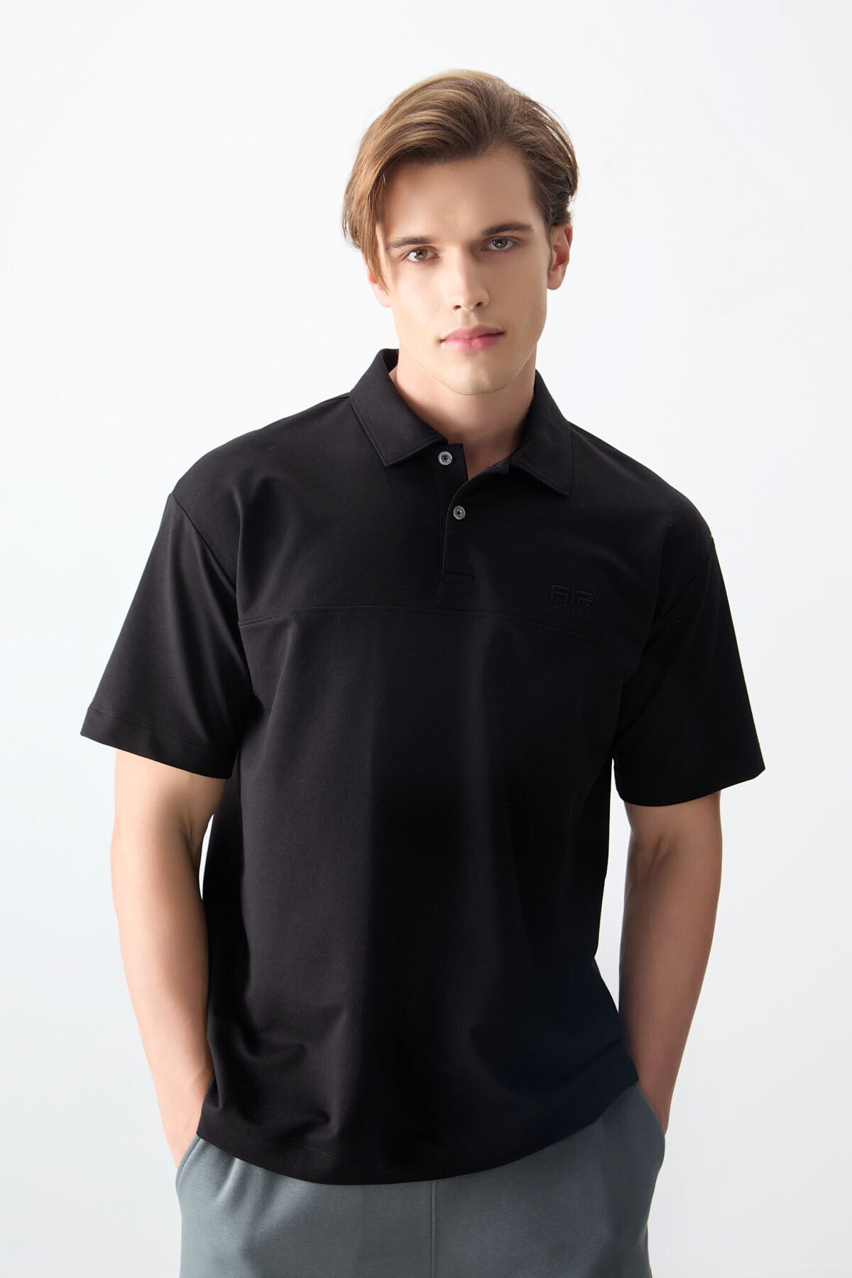 Siyah Pamuklu Kalın Yumuşak Dokulu Polo Yaka Oversize Fit Basic Erkek T- Shirt - 88382 - Siyah