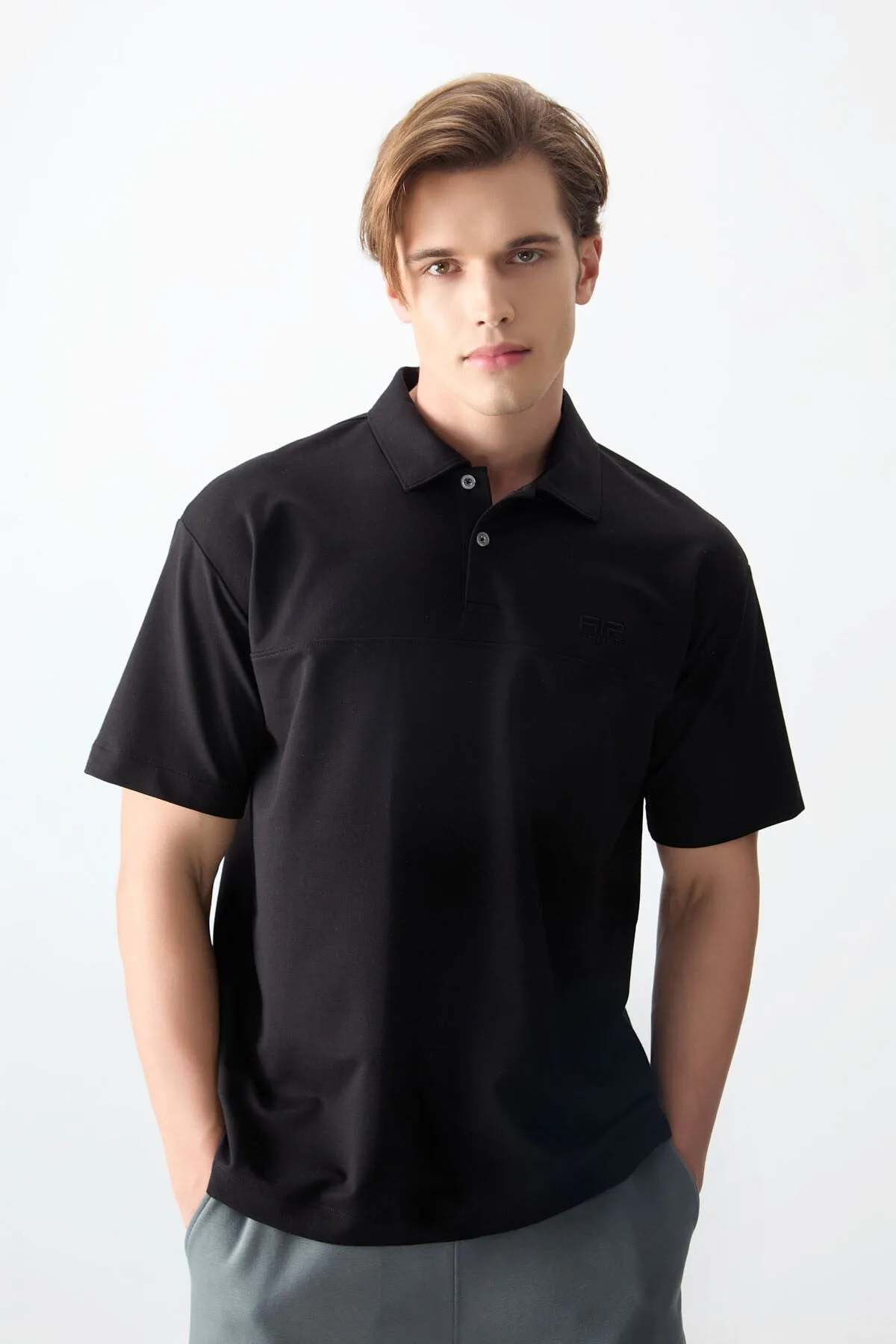Siyah Pamuklu Kalın Yumuşak Dokulu Polo Yaka Oversize Fit Basic Erkek T- Shirt - 88382 - Siyah – Siyah, S