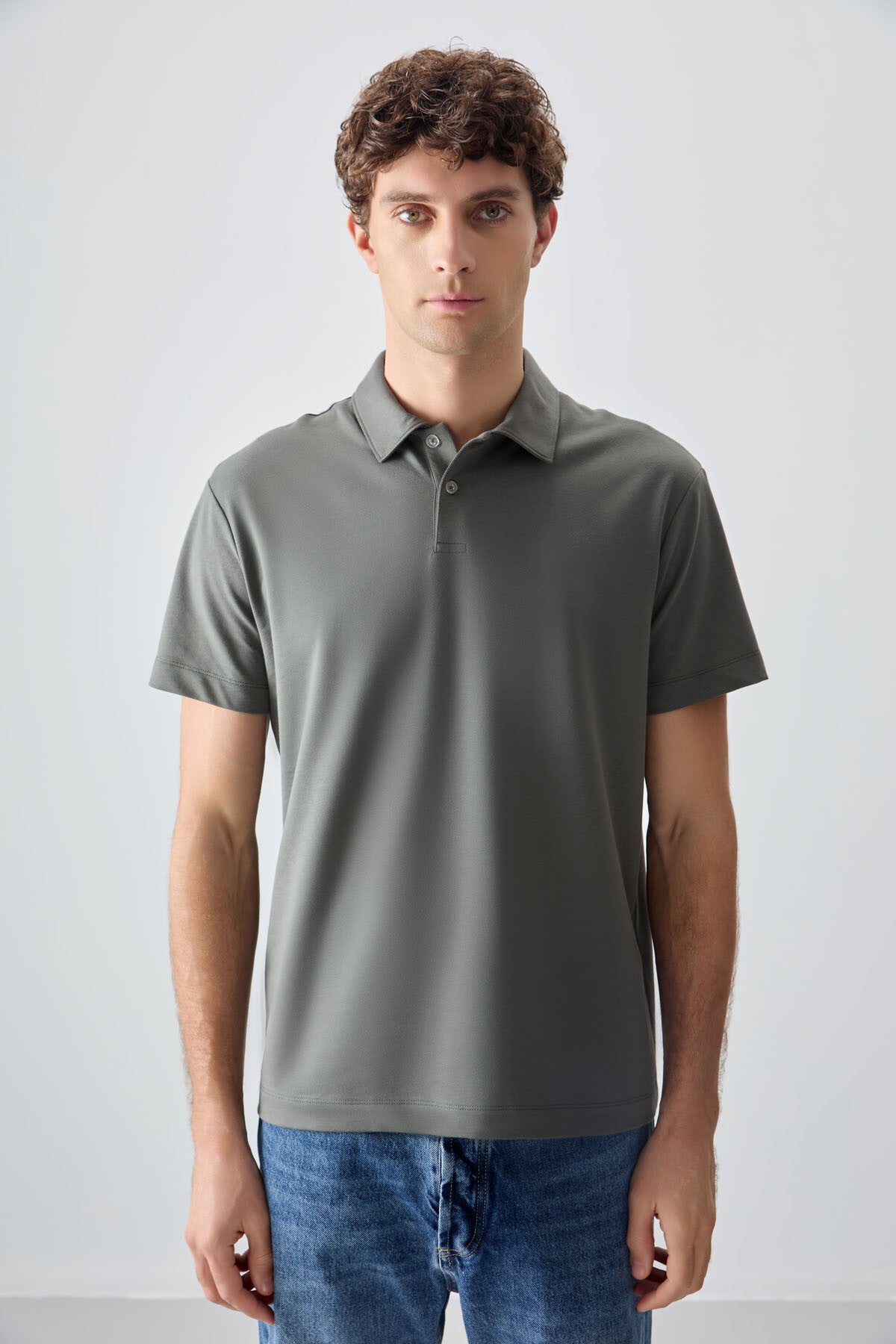 Haki Pamuklu Kalın Yumuşak Dokulu Polo Yaka Oversize Fit Basic Erkek T- Shirt - 88381 - Haki