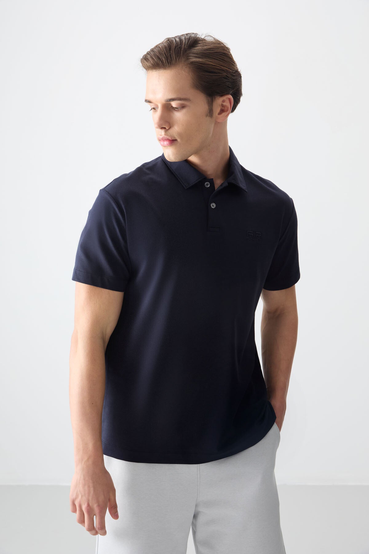 Lacivert Pamuklu Kalın Yumuşak Dokulu Polo Yaka Oversize Fit Basic Erkek T- Shirt - 88381 - Lacivert