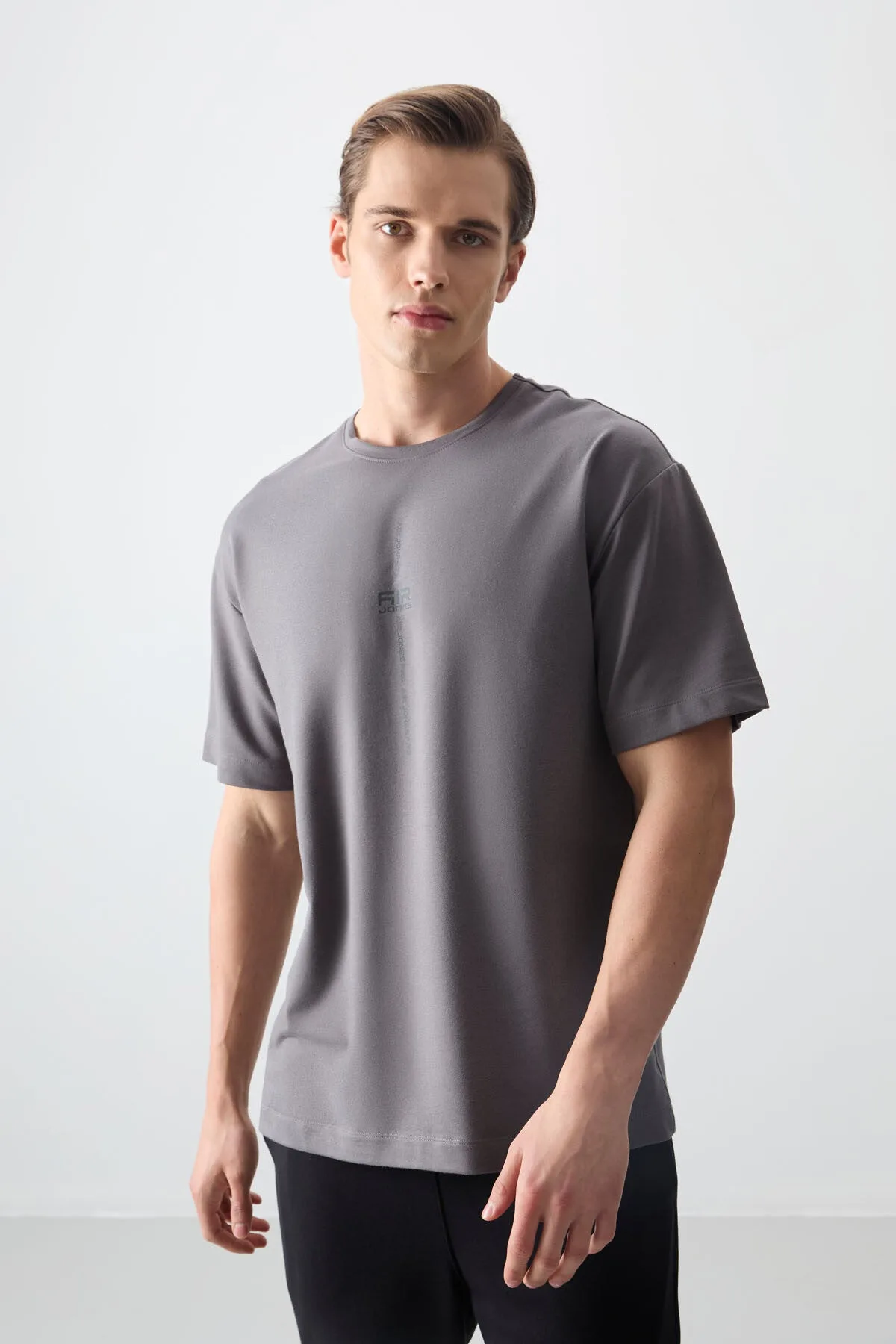 Koyu Gri Pamuklu Kalın Yumuşak Dokulu Oversize Fit Baskılı Erkek T-Shirt - 88373 - Koyu gri – Koyu Gri, S