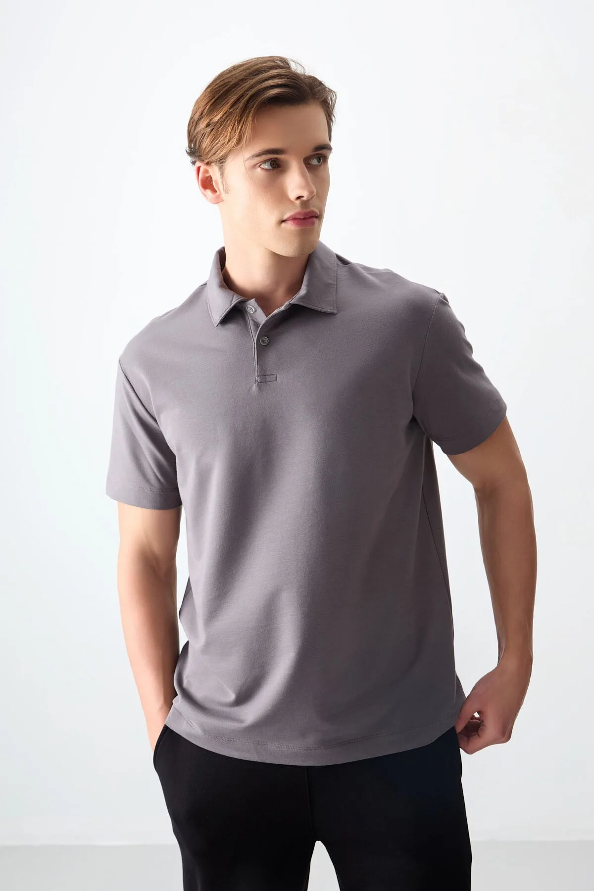 Koyu Gri Pamuklu Kalın Yumuşak Dokulu Polo Yaka Oversize Fit Basic Erkek T- Shirt - 88381 - Koyu gri – Koyu Gri, S