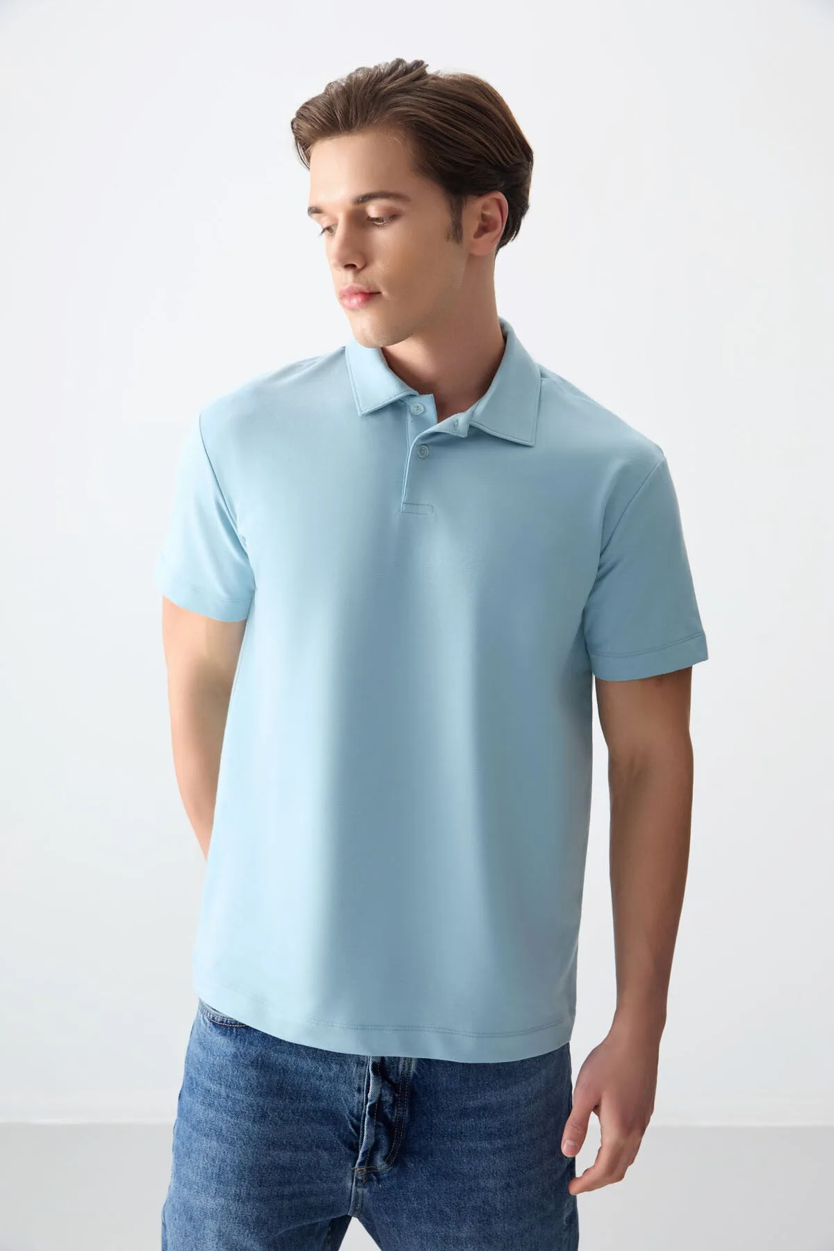 Açık Mavi Pamuklu Kalın Yumuşak Dokulu Polo Yaka Oversize Fit Basic Erkek T- Shirt - 88381 - Açık mavi – Açık mavi, S