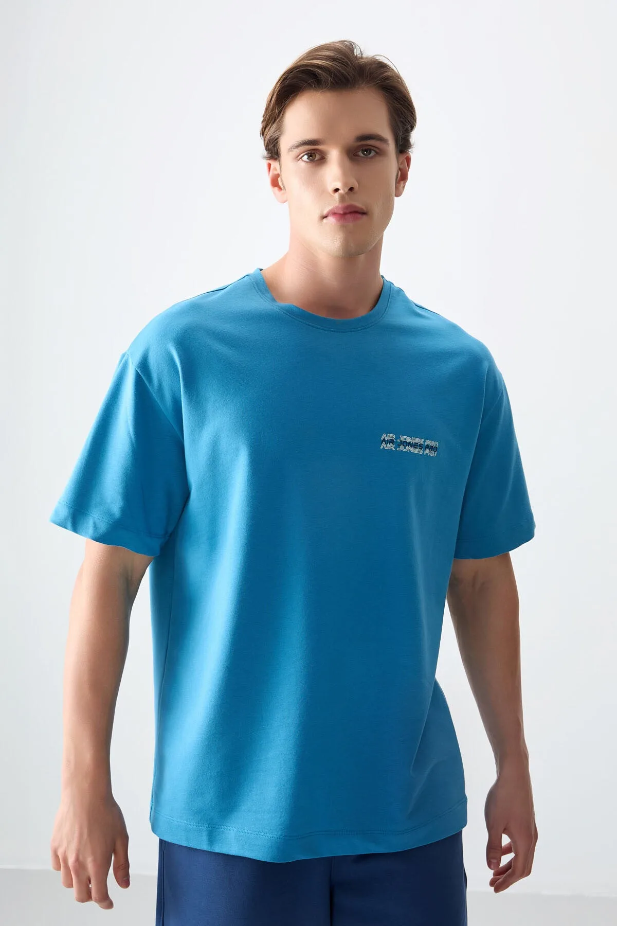 Petrol Mavi Pamuklu Kalın Yumuşak Dokulu Oversize Fit Baskılı Erkek T-Shirt - 88375 - Petrol mavi – Petrol Mavi, S