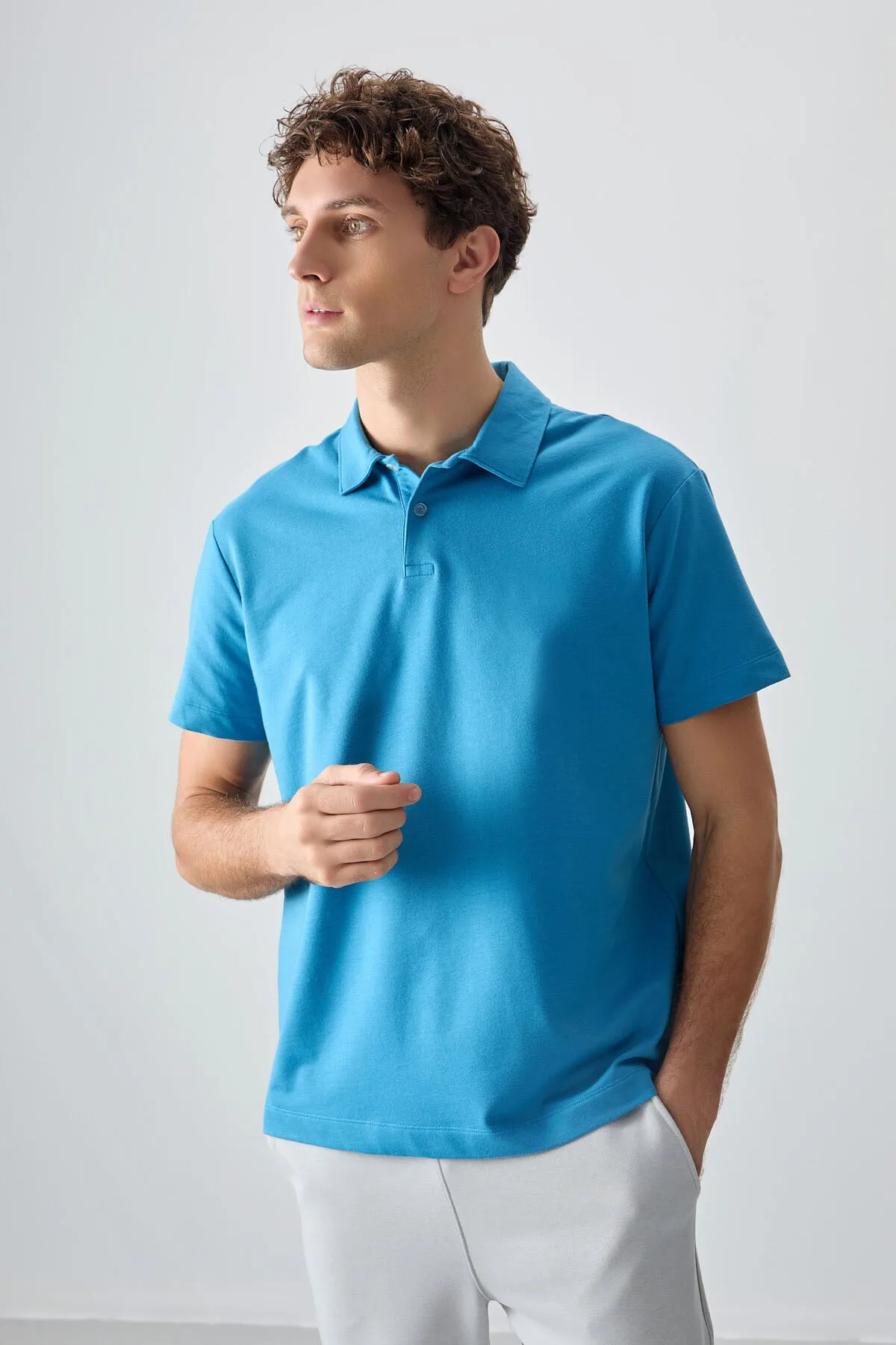 Petrol Mavi Pamuklu Kalın Yumuşak Dokulu Polo Yaka Oversize Fit Basic Erkek T- Shirt - 88381 - Petrol mavi – Petrol Mavi, S