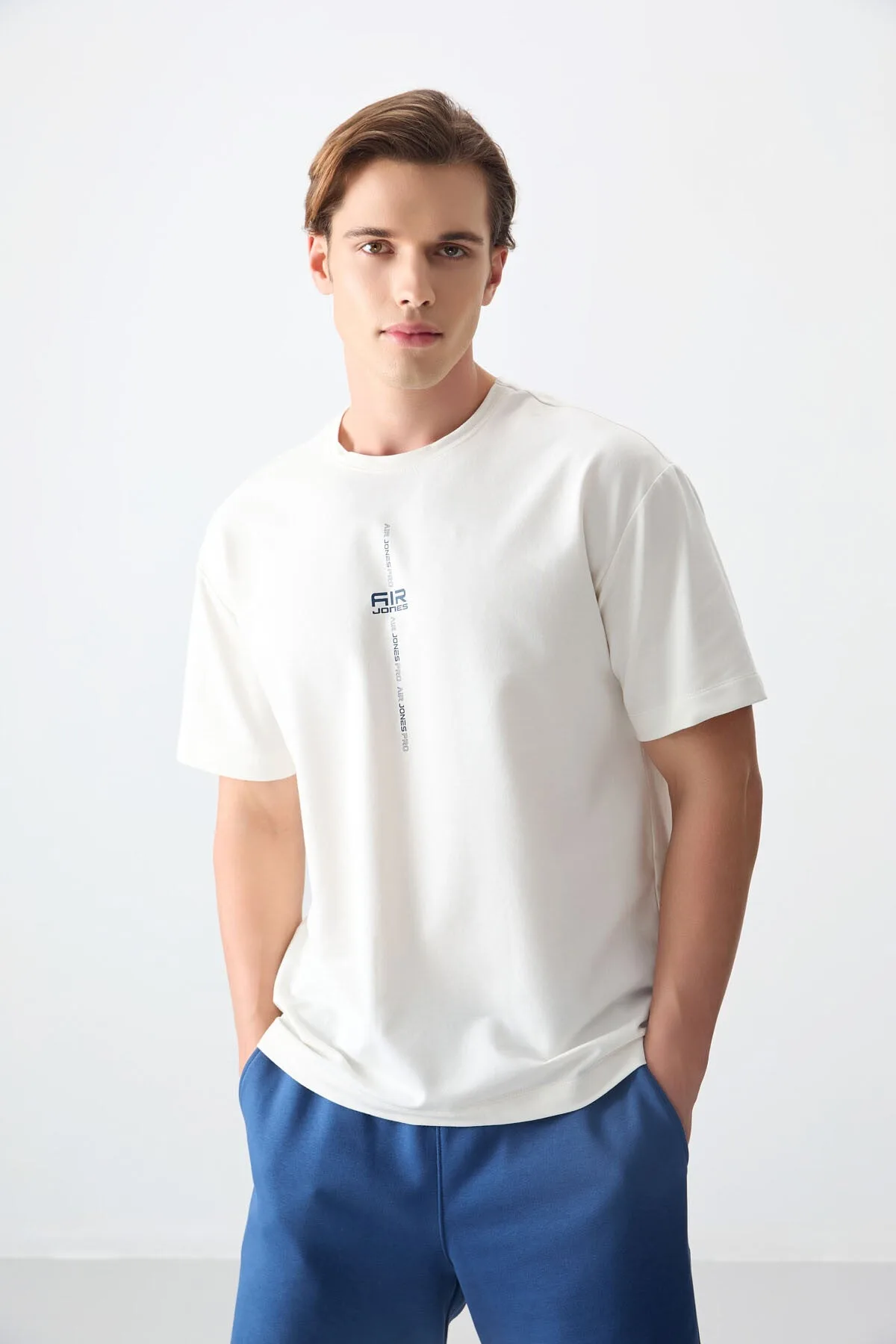 Ekru Pamuklu Kalın Yumuşak Dokulu Oversize Fit Baskılı Erkek T-Shirt - 88373 - Ekru – Ekru, S