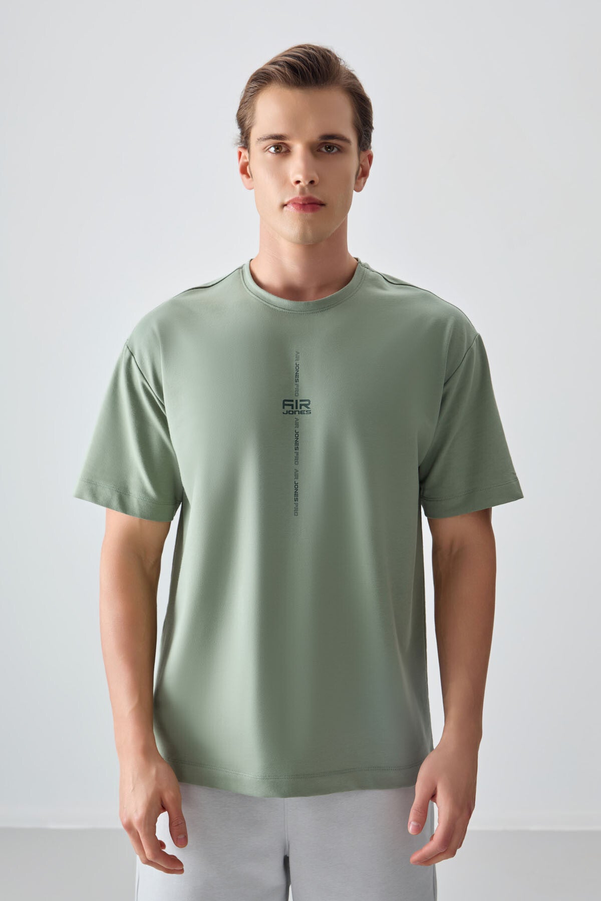 Açık Yeşil Pamuklu Kalın Yumuşak Dokulu Oversize Fit Baskılı Erkek T-Shirt - 88373 - Kaktüs
