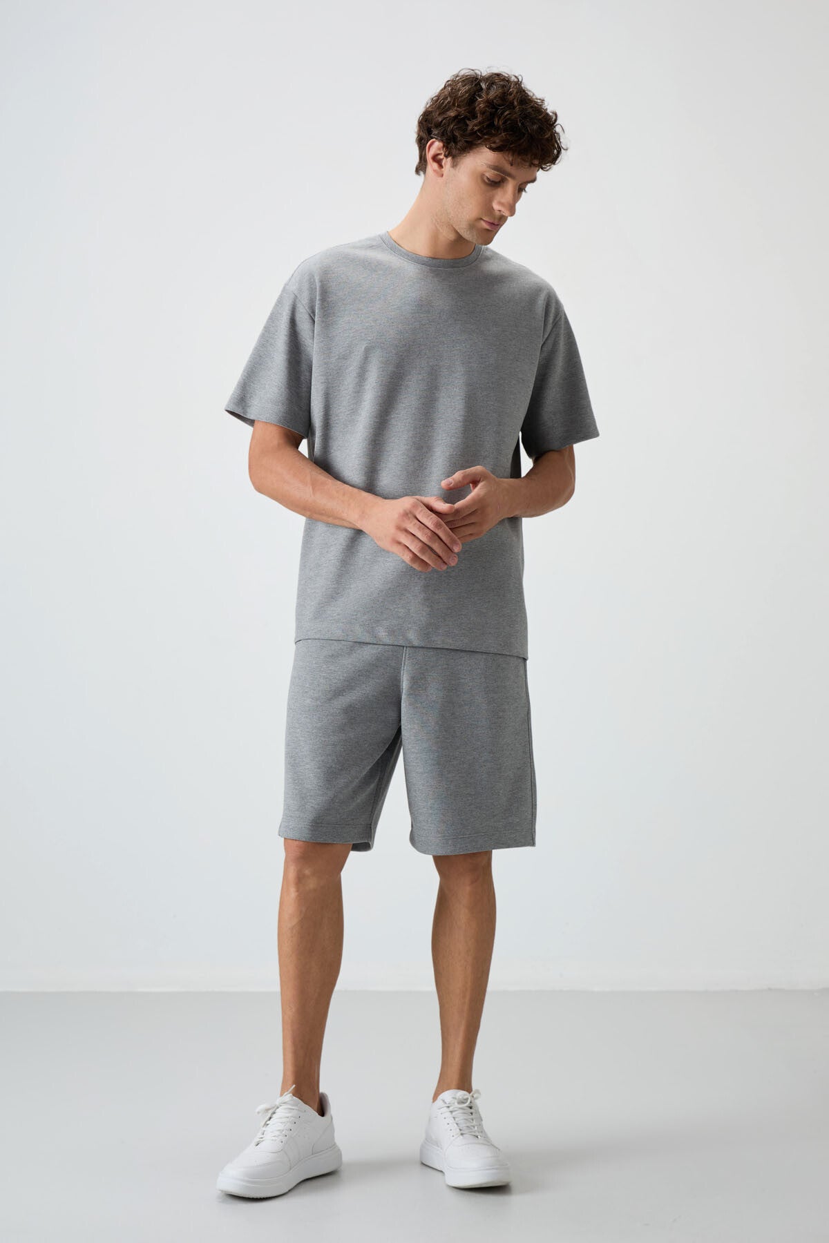 Gri Melanj Pamuklu Kalın Yumuşak Dokulu Oversize Fit Basic Erkek Şort Takım - 85249 - Gb melanj/gb melanj