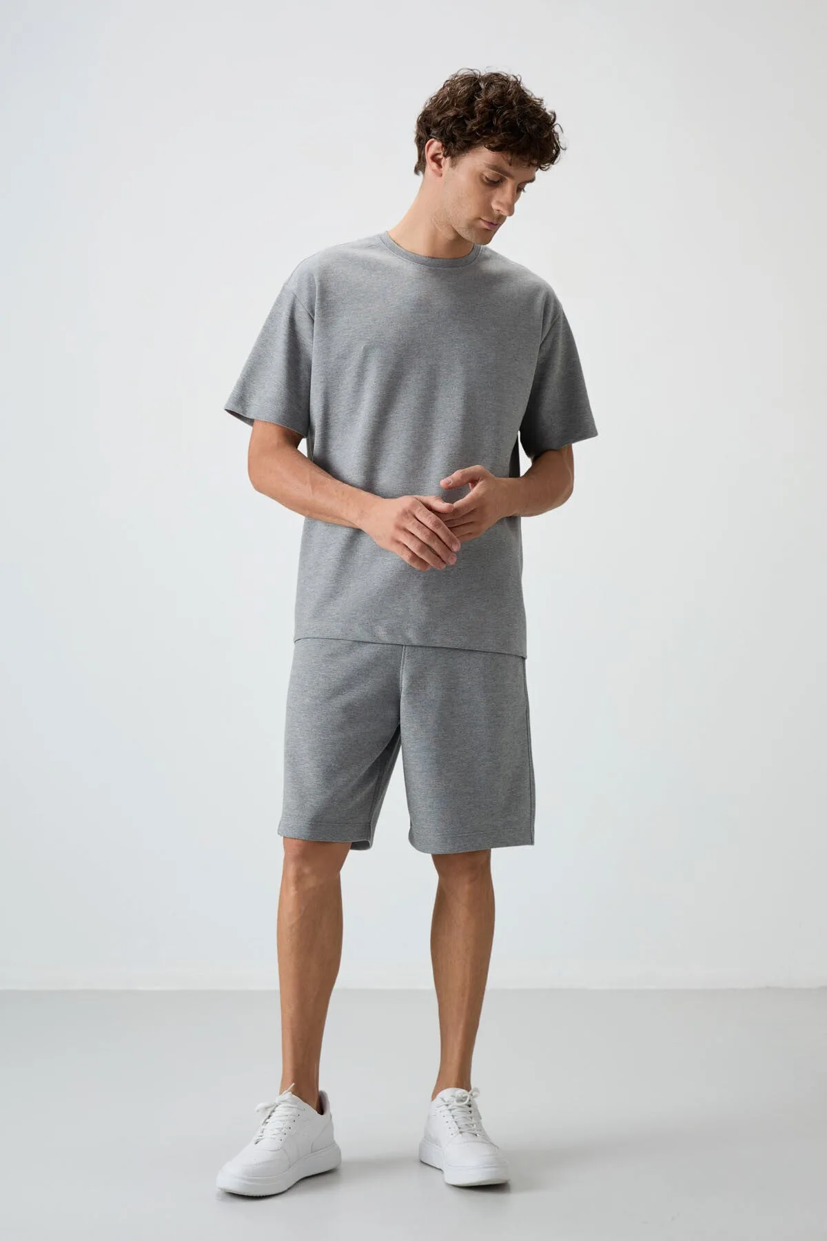Gri Melanj Pamuklu Kalın Yumuşak Dokulu Oversize Fit Basic Erkek Şort Takım - 85249 - Gb melanj/gb melanj – Gb Melanj, S