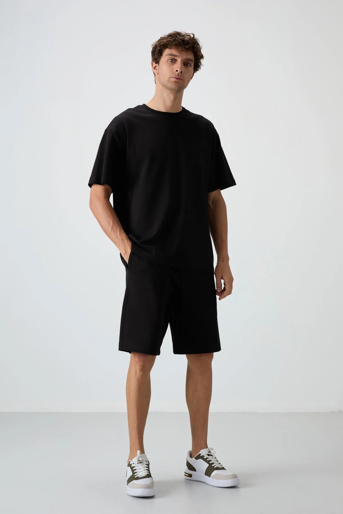 Siyah Pamuklu Kalın Yumuşak Dokulu Oversize Fit Basic Erkek Şort Takım - 85249 - Siyah/siyah – Siyah, S
