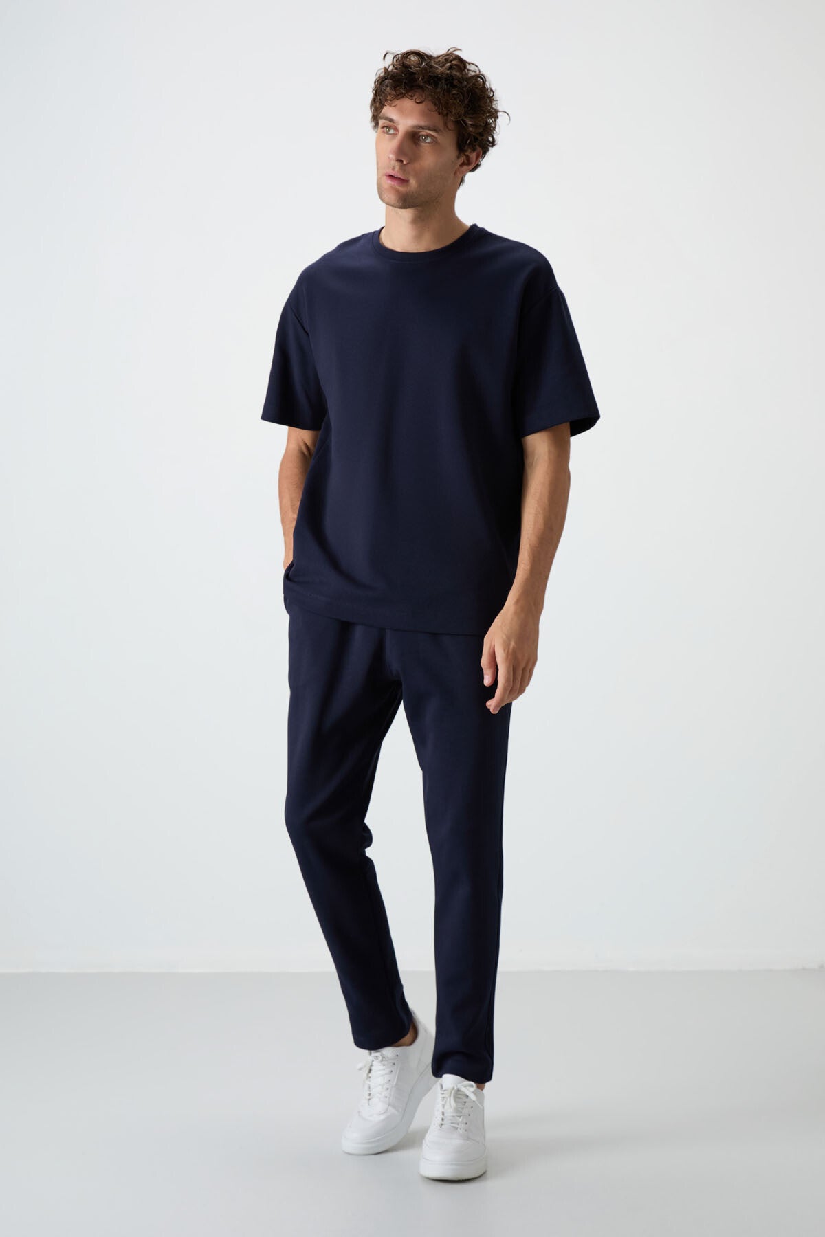 Lacivert Pamuklu Kalın Yumuşak Dokulu Oversize Fit Basic Erkek Eşofman Takım - 85251 - Laci/laci