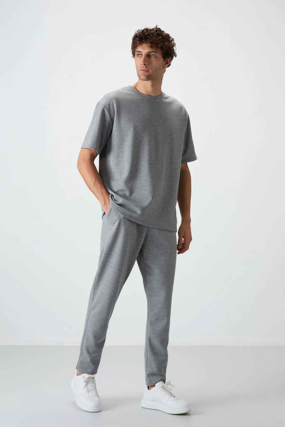 Gri Melanj Pamuklu Kalın Yumuşak Dokulu Oversize Fit Basic Erkek Eşofman Takım - 85251 - Gb melanj/gb melanj – Gb Melanj, S