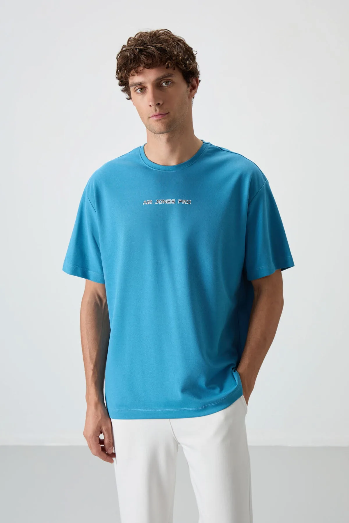 Petrol Mavi Pamuklu Kalın Yüzeyi Dokulu Oversize Fit Baskılı Erkek T-Shirt - 88364 - Petrol mavi – Petrol Mavi, S