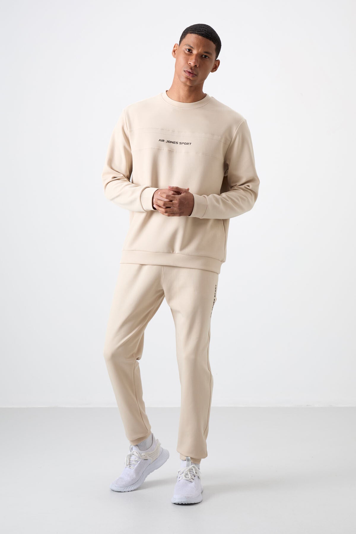 Bej Pamuklu Kalın Yumuşak Dokulu Comfort Fit Baskılı Erkek Eşofman Takım - 85253 - Bej/bej