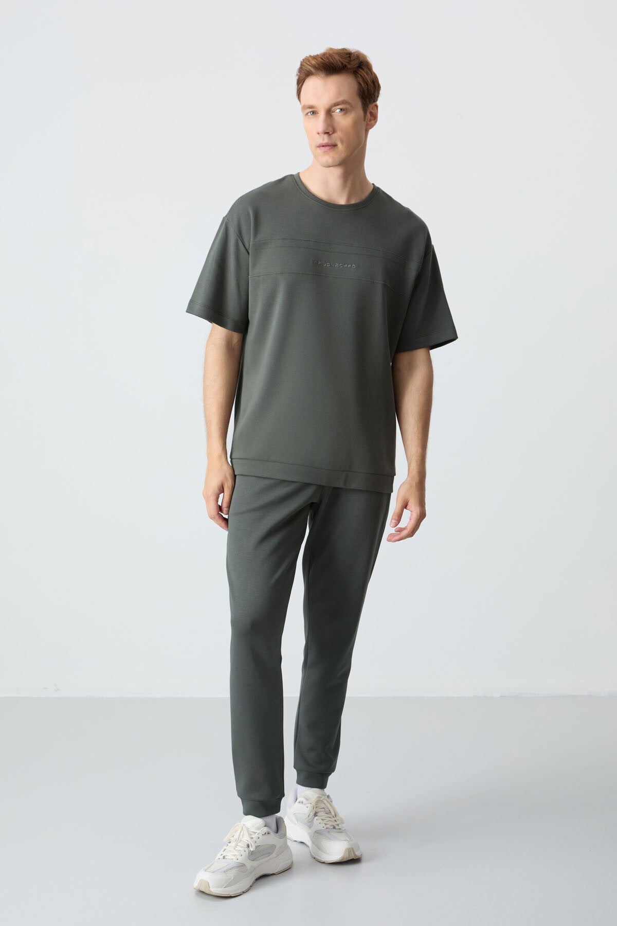 Haki Pamuklu Kalın Yumuşak Dokulu Oversize Fit Basic Erkek Eşofman Takım - 85261 - Haki/haki